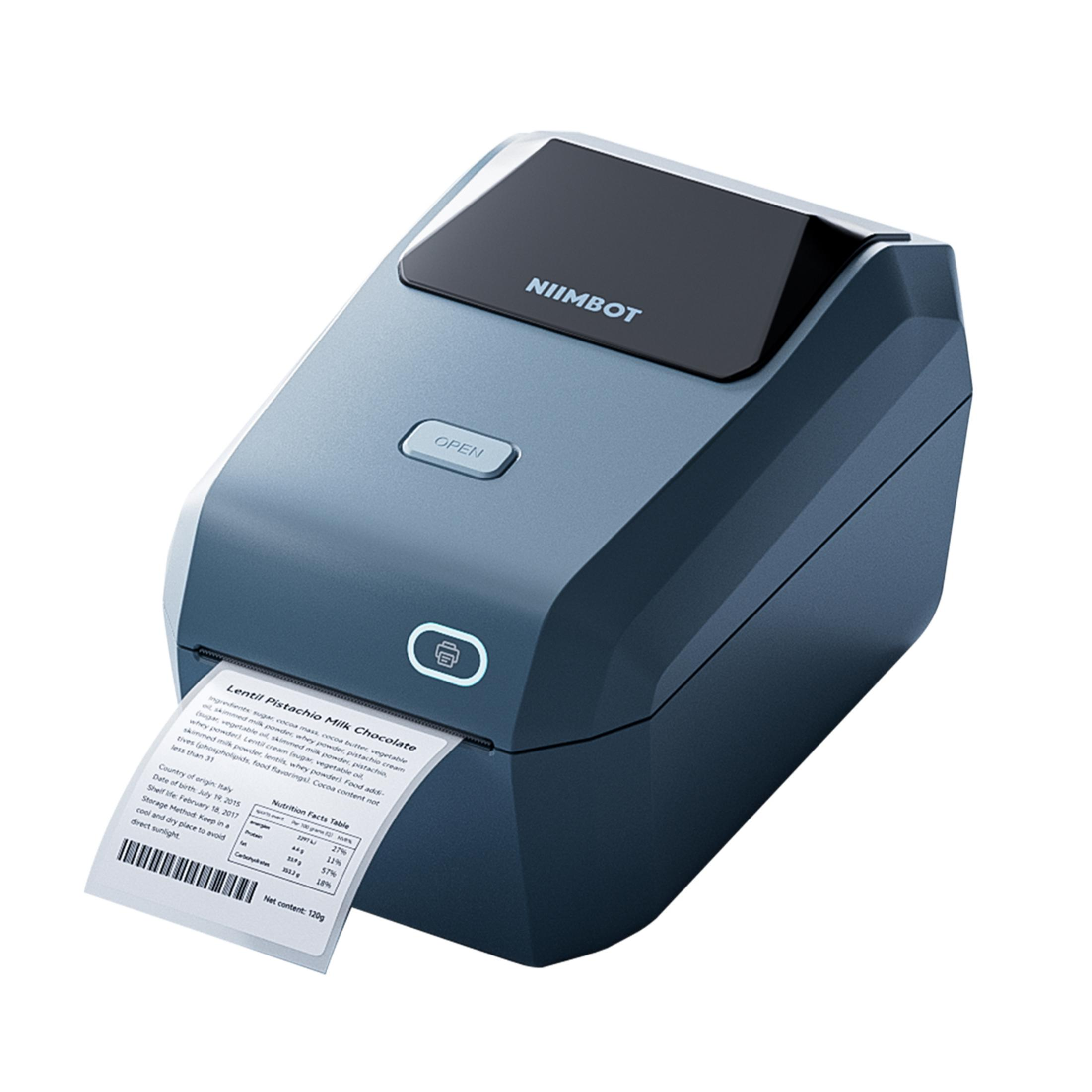 Ein blauer NIIMBOT-Drucker druckt ein Etikett mit Nährwertangaben.