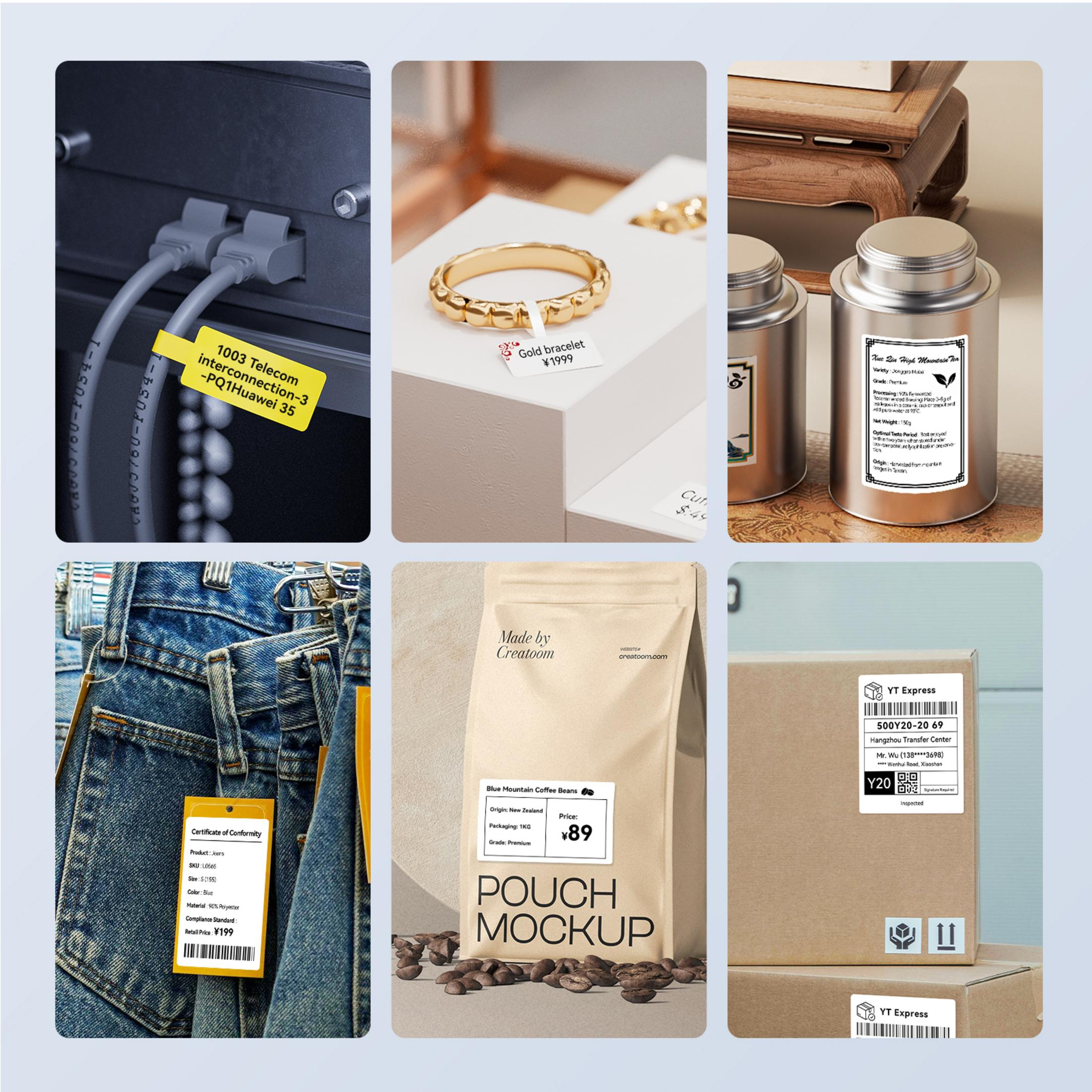 Eine Collage aus sechs Bildern: Netzwerkkabel, ein Goldarmband, Teedosen, Jeans mit Etikett, Kaffeebohnen und Kartons.