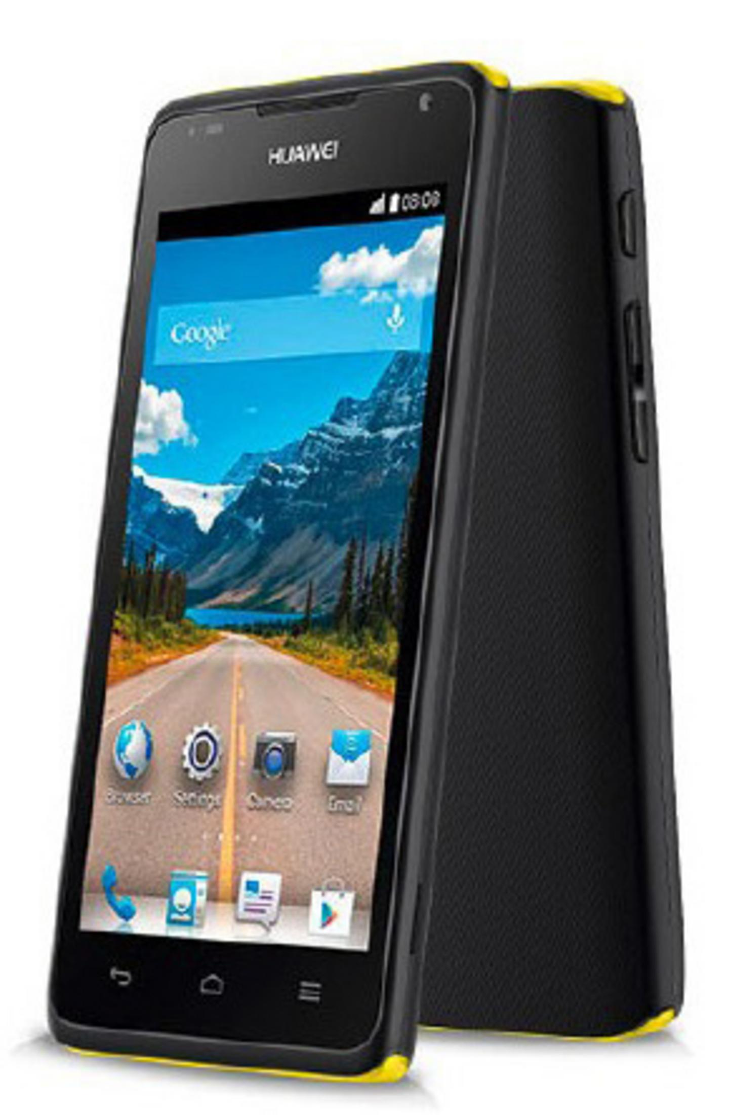Ein schwarzes Huawei-Smartphone mit gelbem Rand und Berglandschaft auf dem Bildschirm.