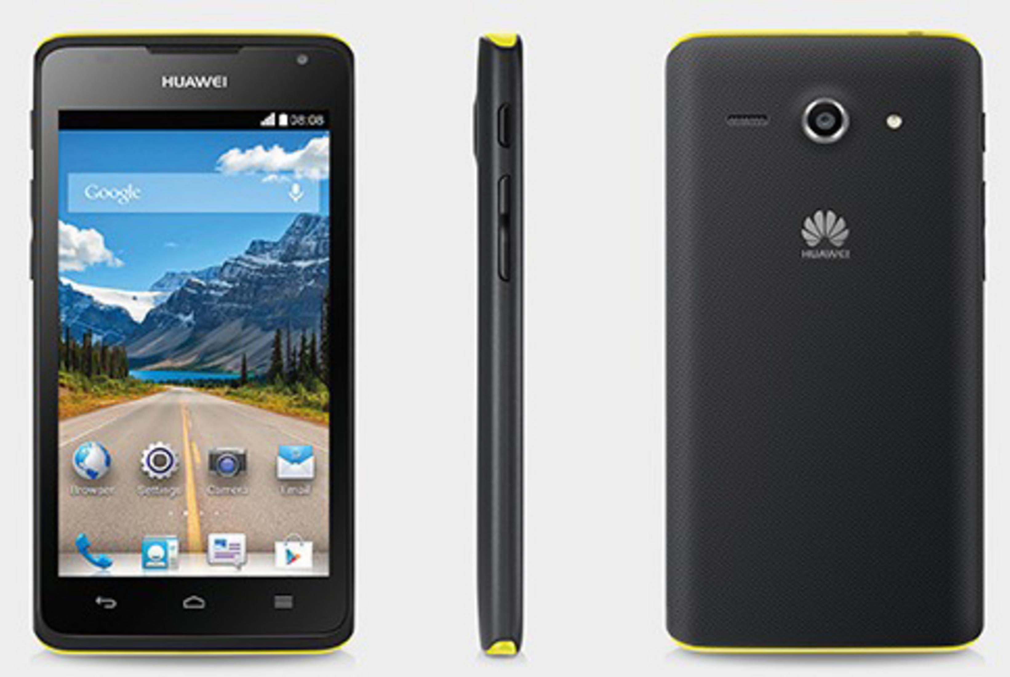 Ein schwarzes Huawei-Smartphone mit gelben Akzenten, vorne, Seite und hinten.