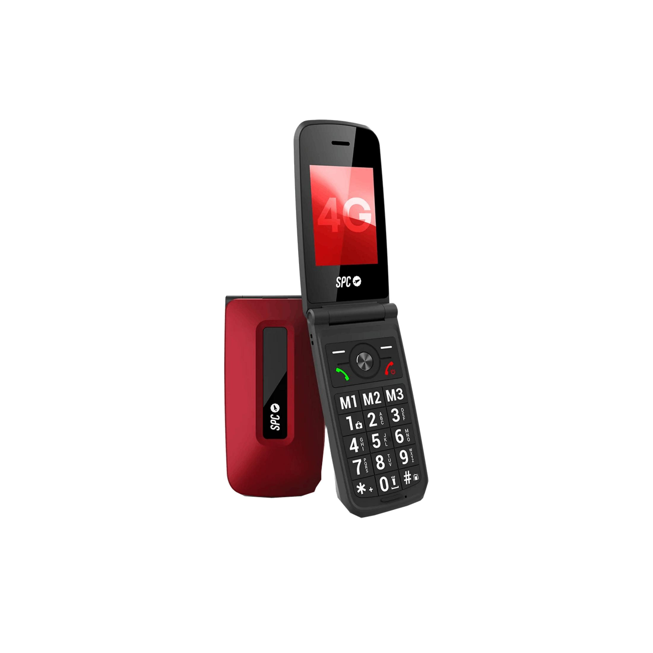 Un telefono a conchiglia rosso, aperto, mostra '4G' sullo schermo e tastiera nera.