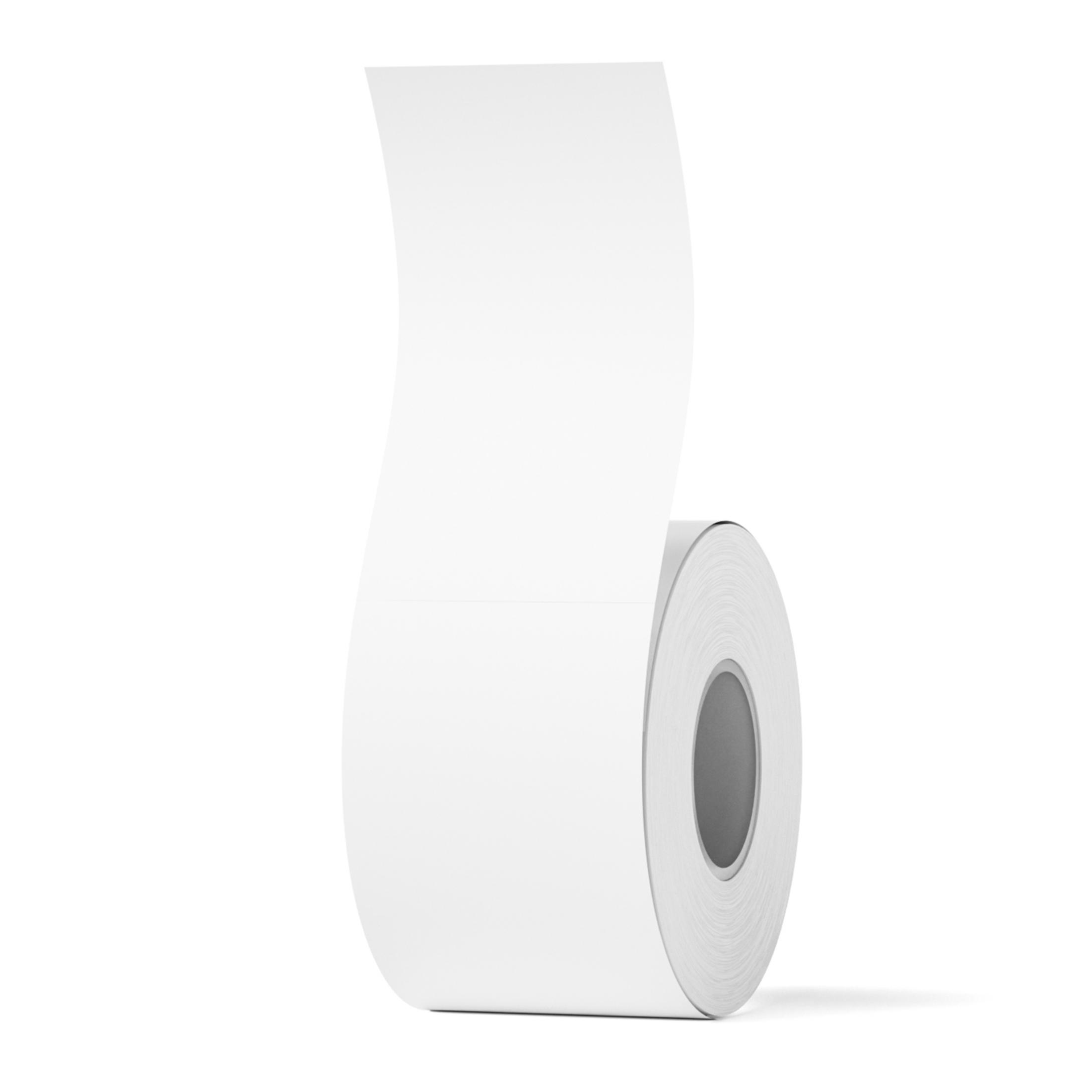 Eine Rolle weißes Papier, auf einer weißen Fläche liegend.