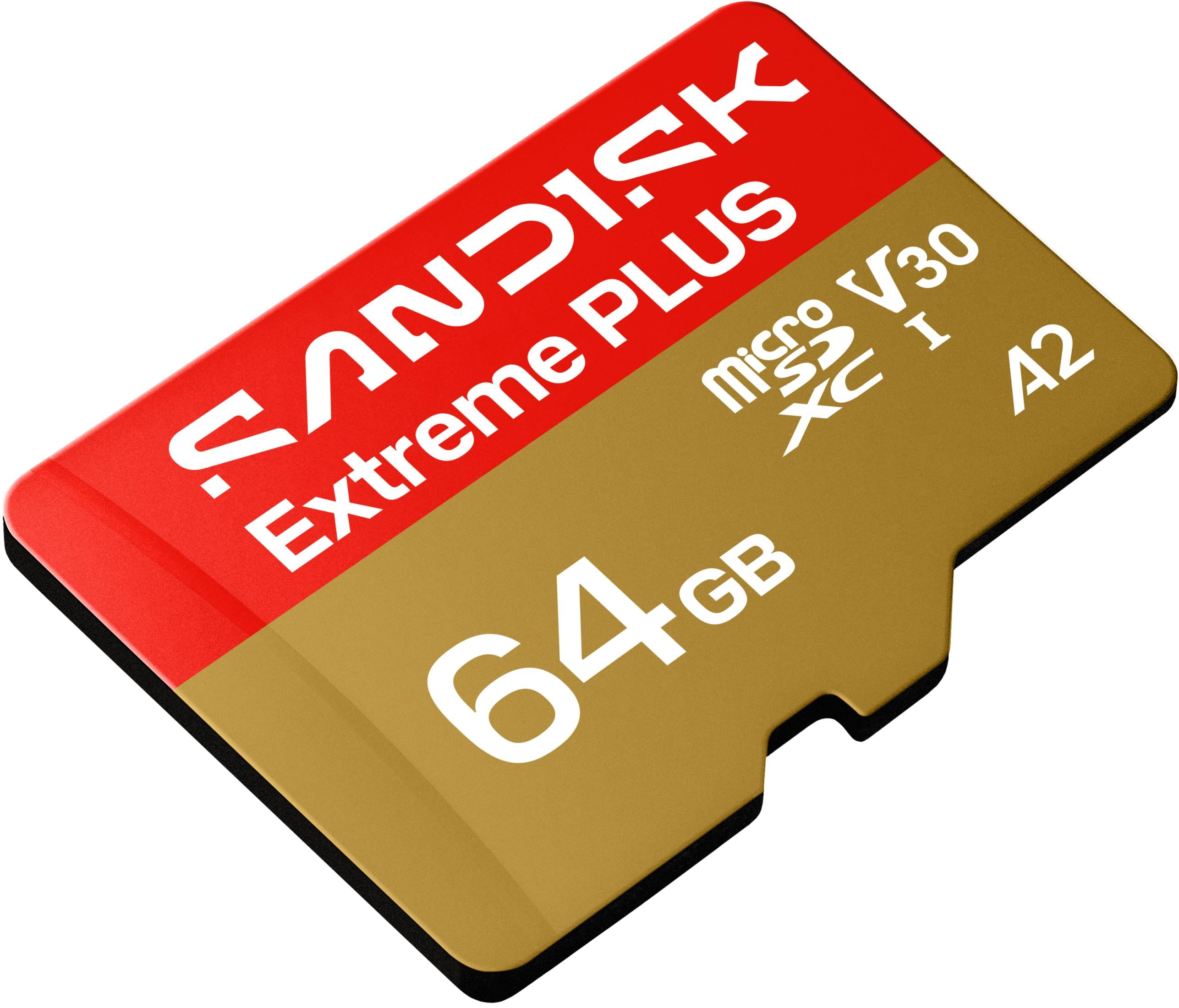 Tarjeta de memoria microSDXC Sandisk Extreme Plus de 64 GB con clasificación V30 y A2.
