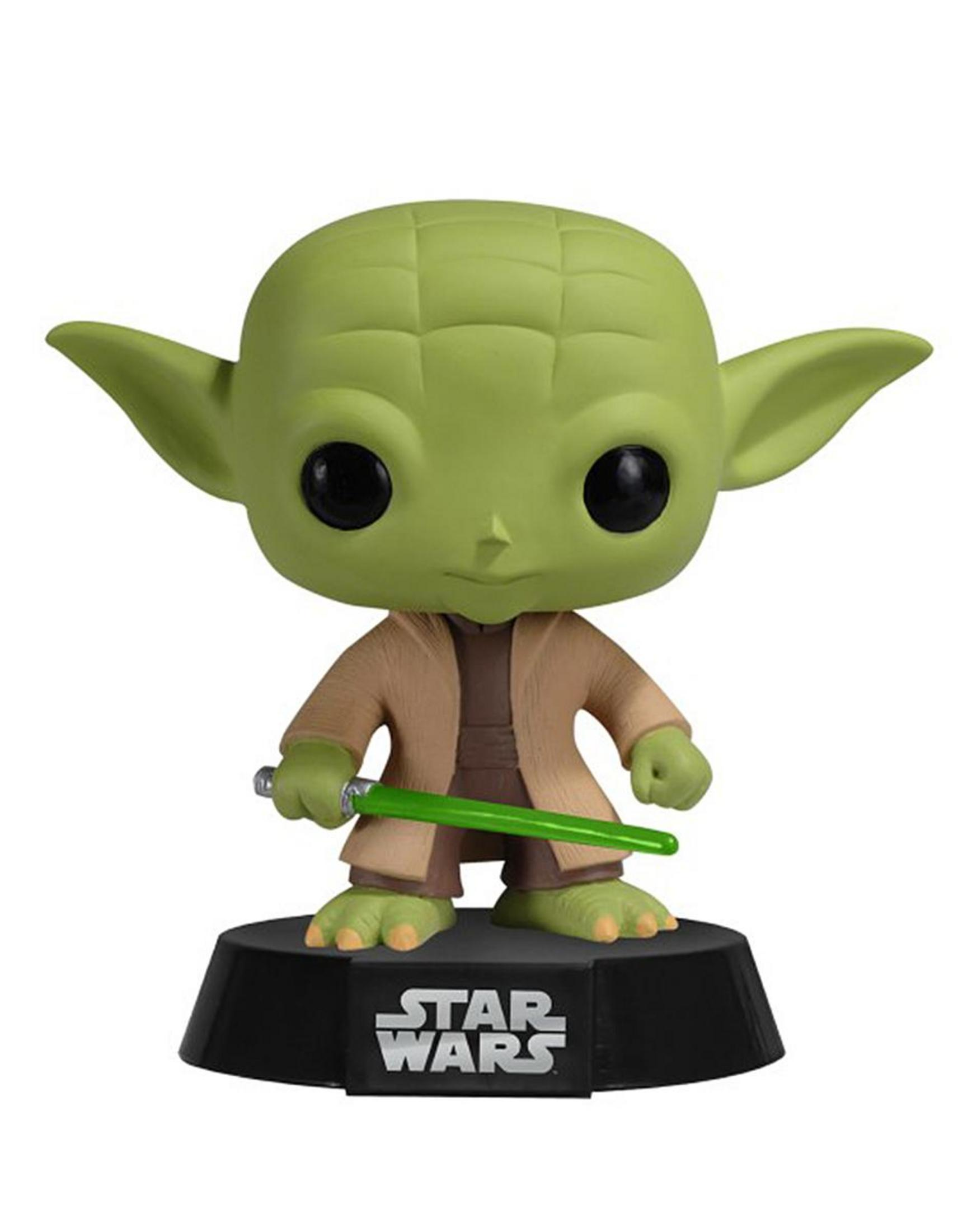 Grüne Yoda-Figur mit Lichtschwert auf Star Wars-Sockel.