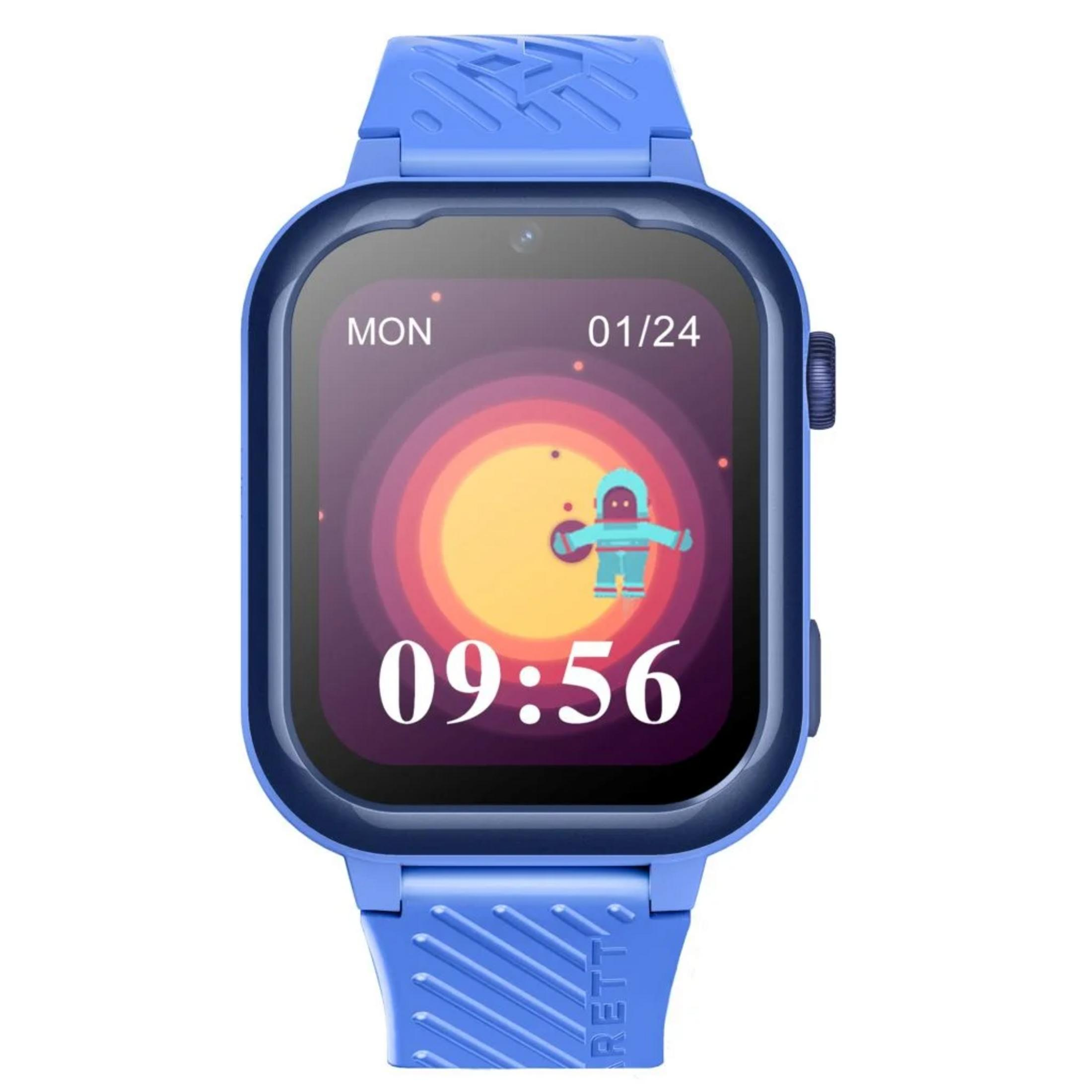 Orologio smart blu che mostra l'ora 09:56 con un astronauta sul quadrante.