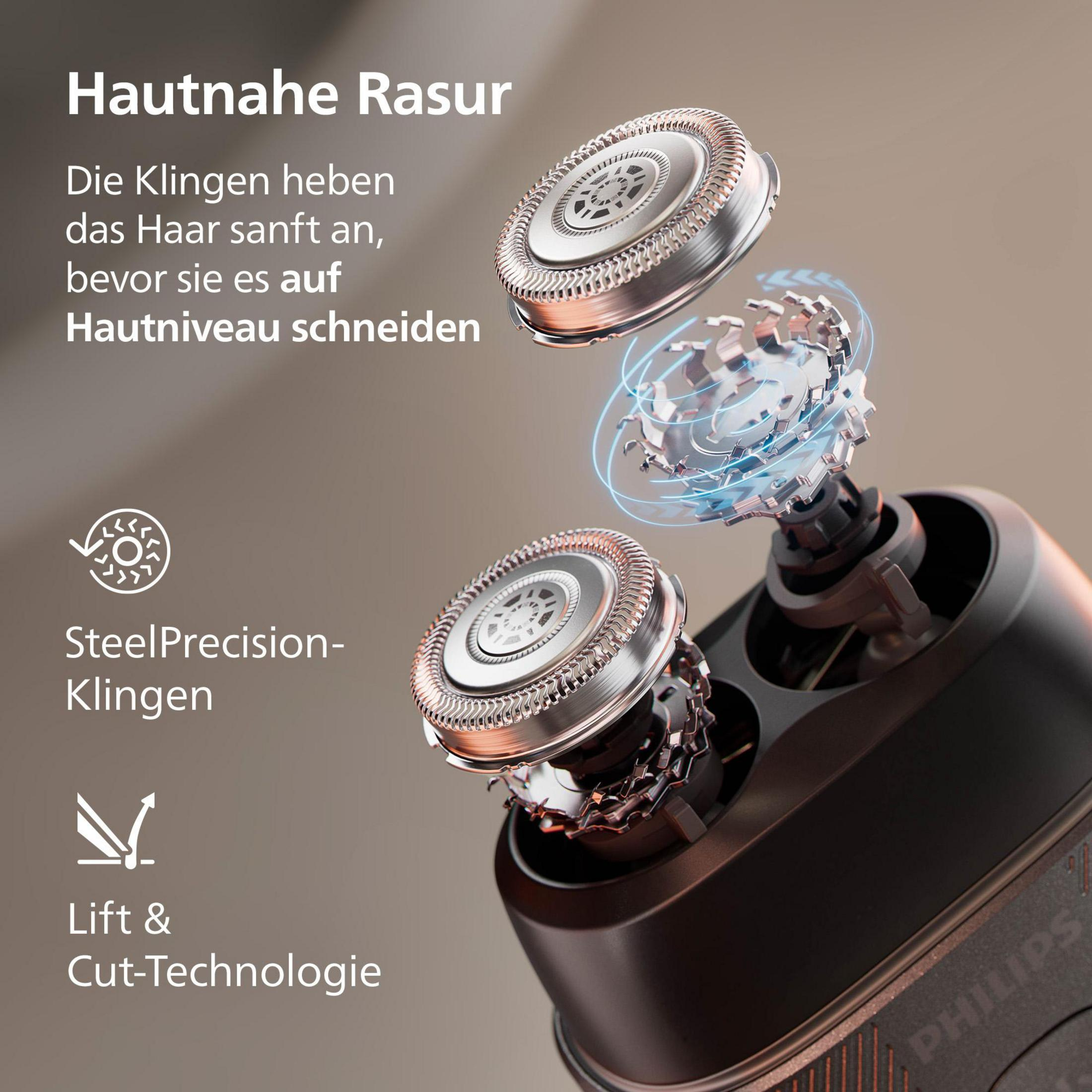 Elektrorasierer mit Steel Precision Klingen und Lift & Cut Technologie.