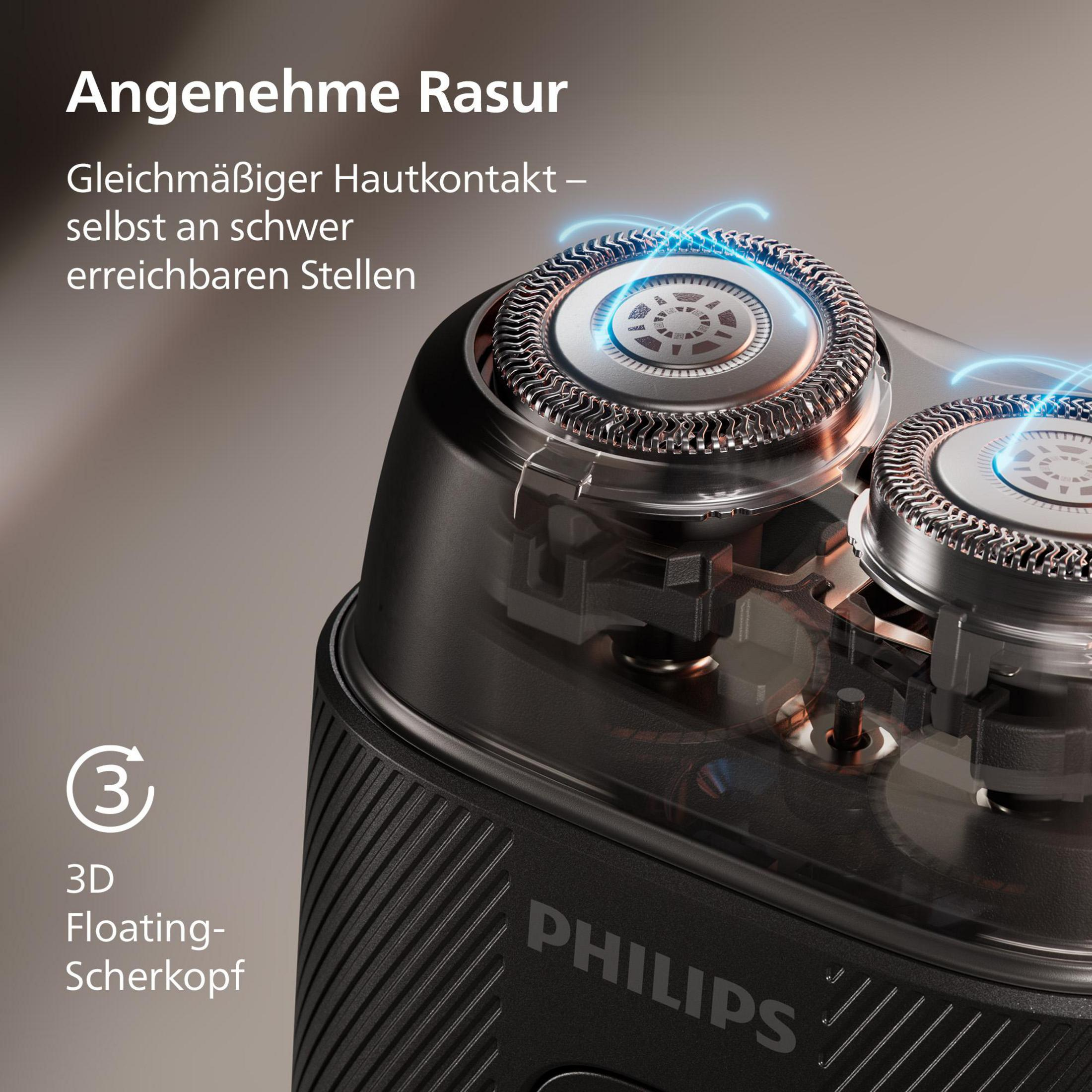 Ein Philips Rasierer mit 3D-Scherkopf und blauen Lichtakzenten.