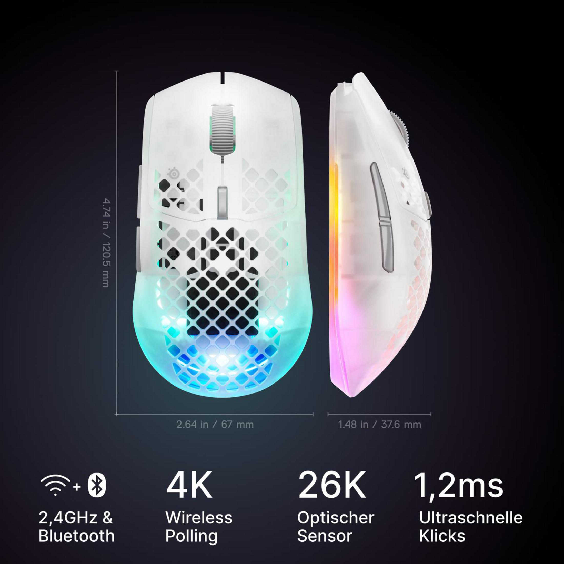 Eine weiße Gaming-Maus mit RGB-Beleuchtung, Maßen und technischen Daten.