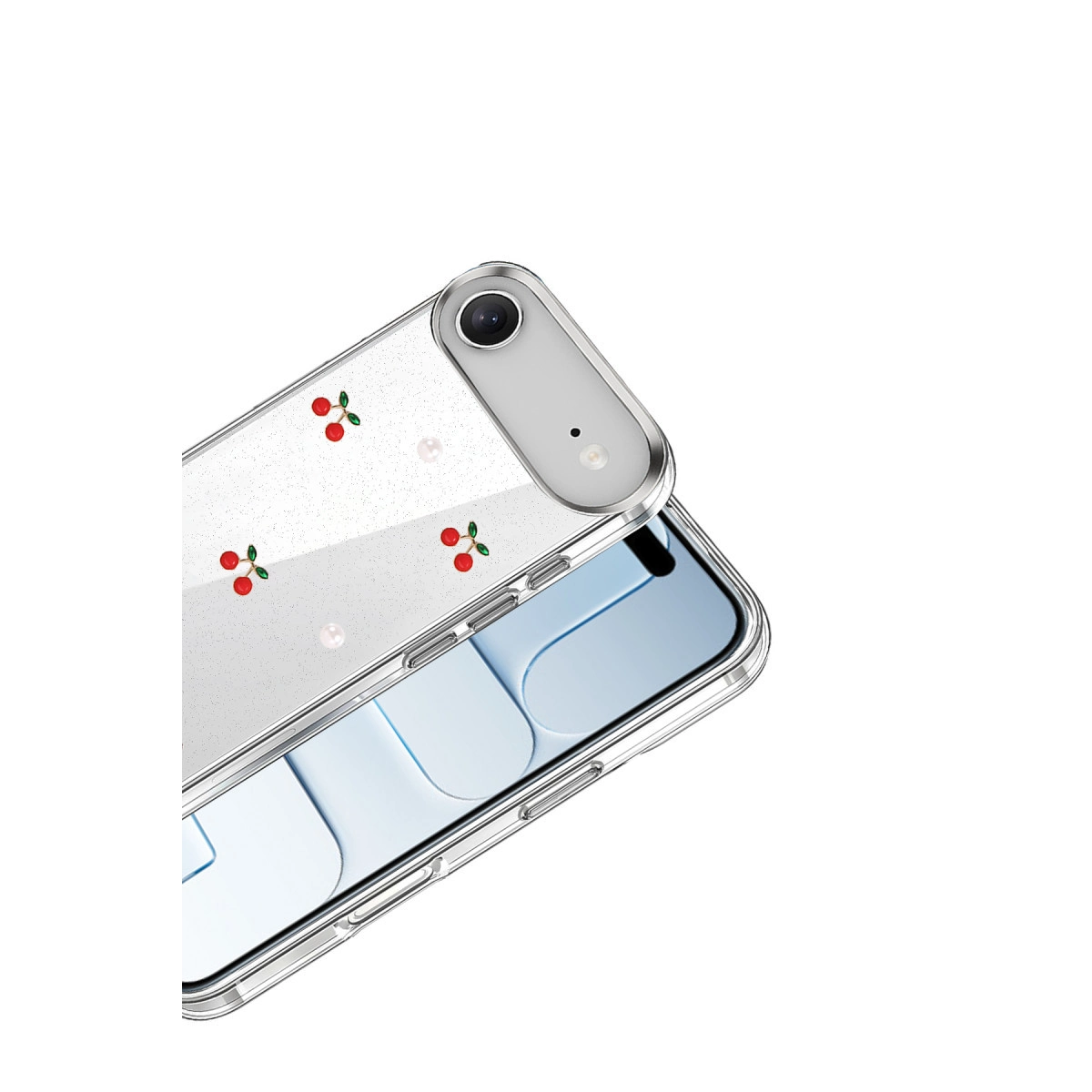 Kırmızı kiraz ve sim detaylı şeffaf telefon kılıfı.