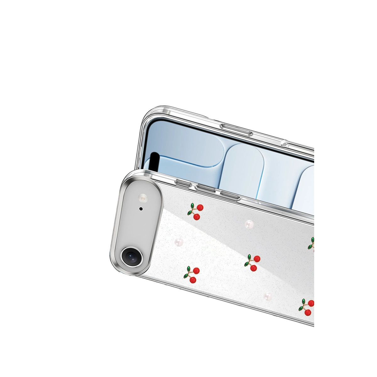 Beyaz arka plan üzerinde kiraz ve incili şeffaf telefon kılıfı.