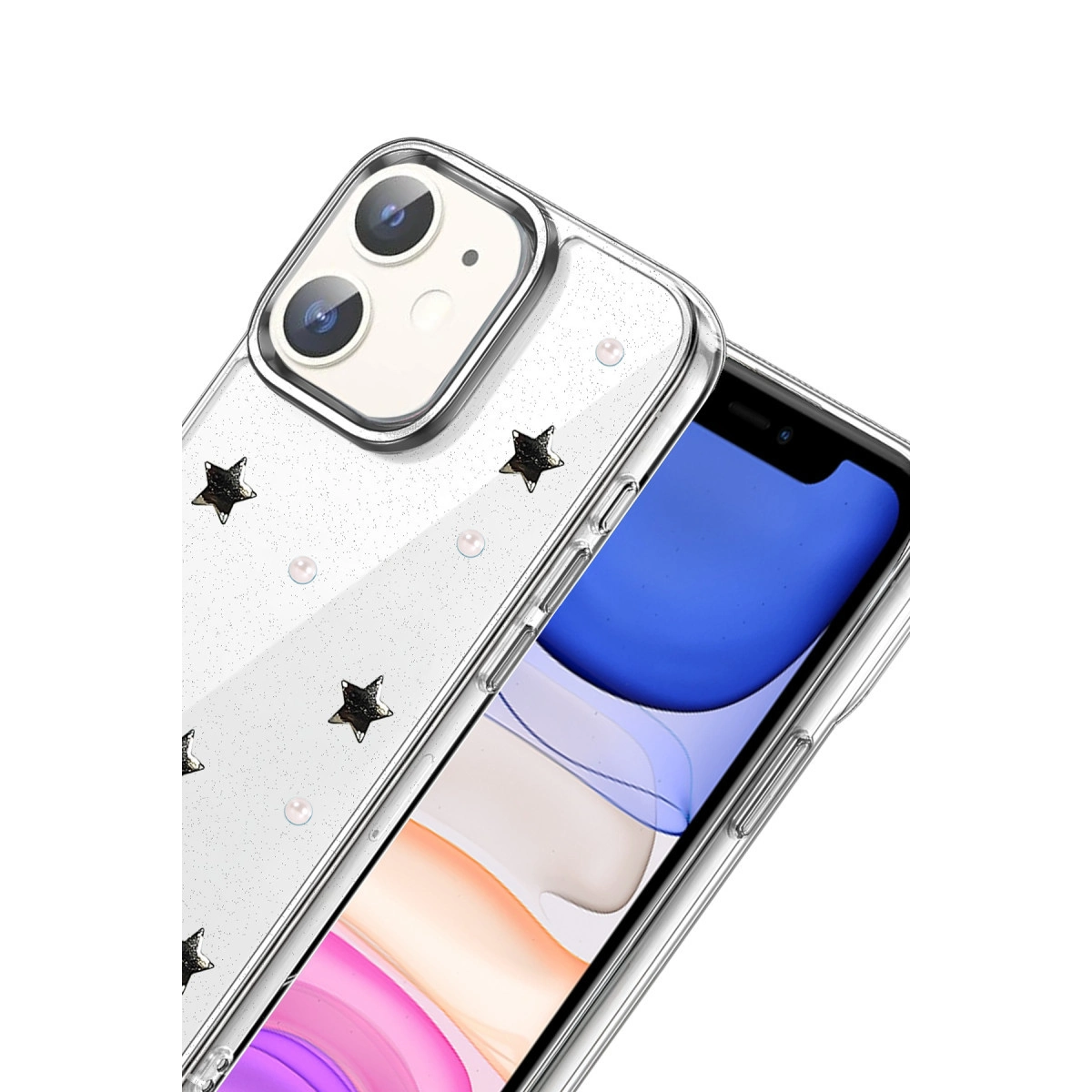 Akıllı telefonda yıldızlar ve incilerle süslü şeffaf telefon kılıfı.