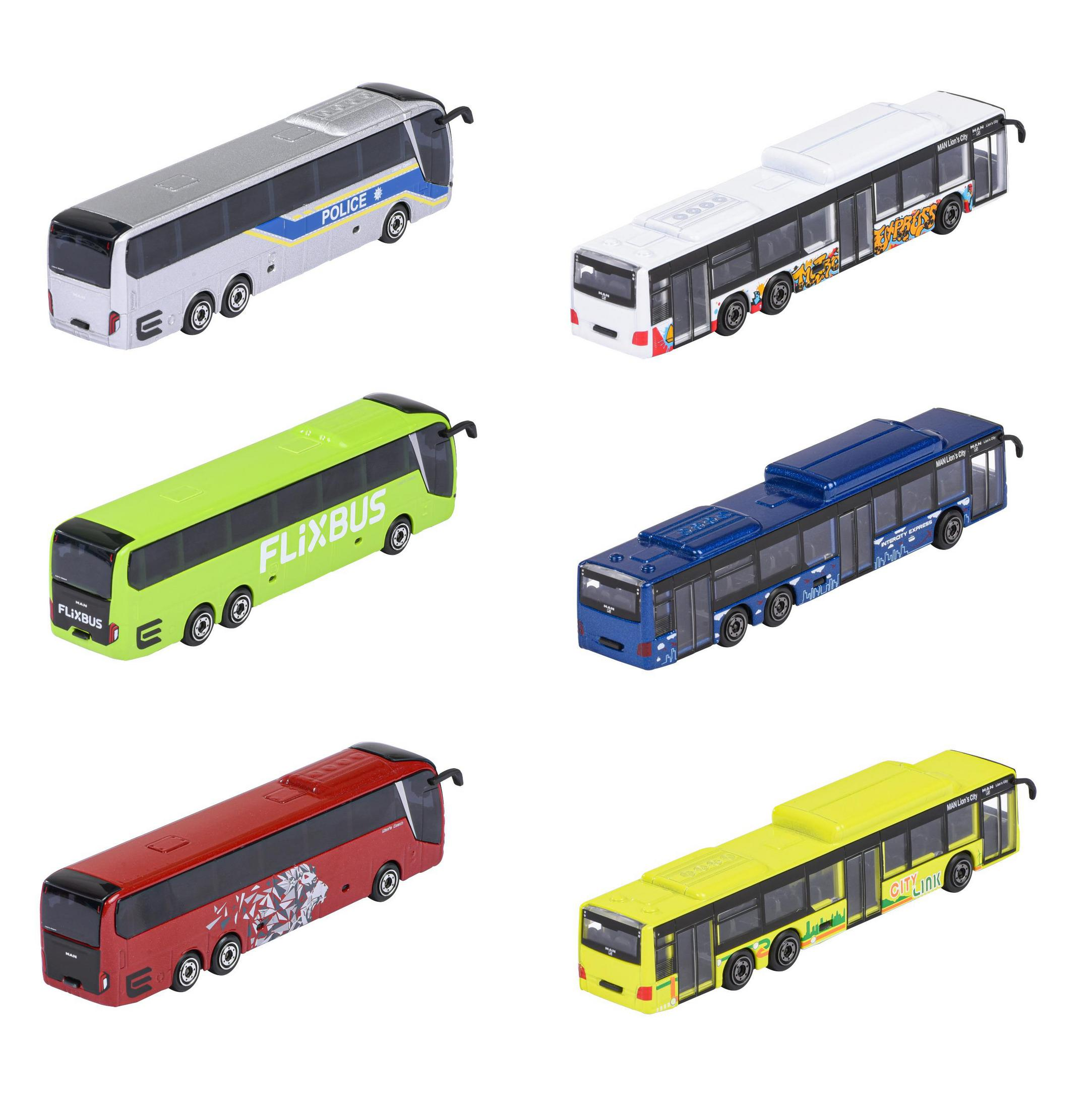 Sechs Spielzeugbusse: Polizei, weiß, Flixbus grün, blau, rot, gelb.