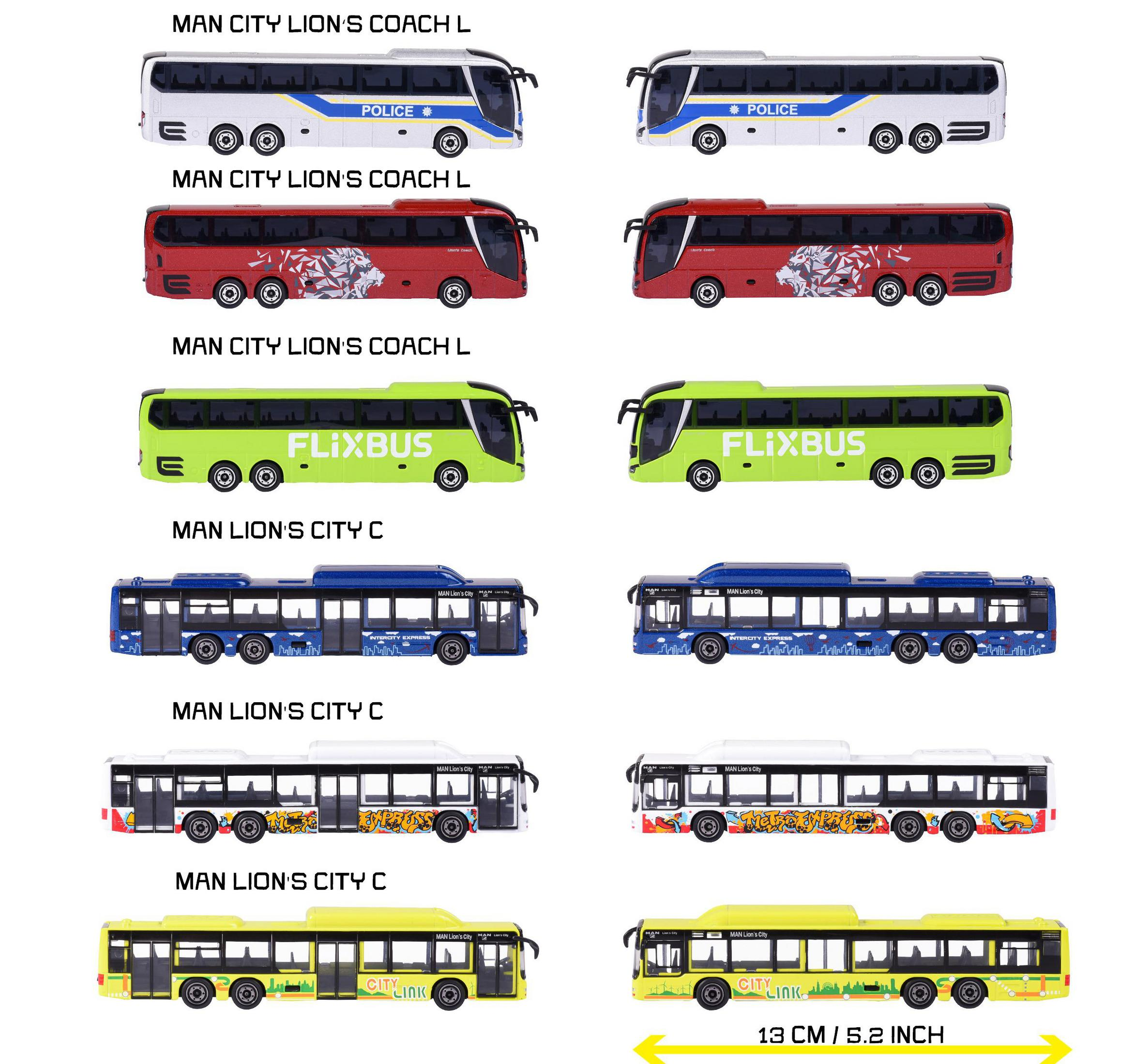 Mehrere Spielzeugbusse in verschiedenen Farben und Designs auf weißem Hintergrund.