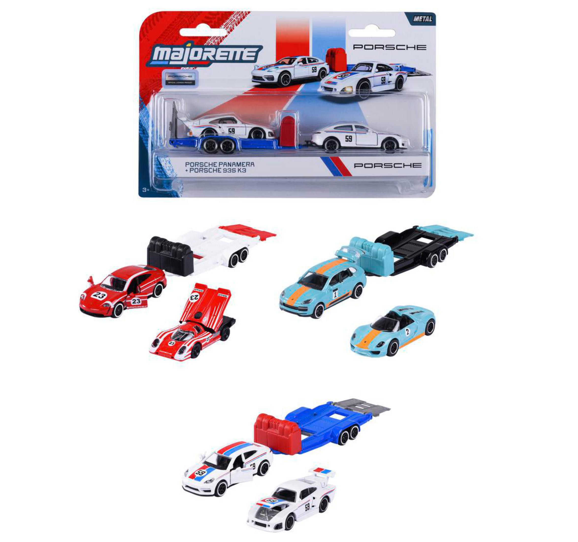 Majorette Porsche Spielzeugautos und Anhänger im Paket.