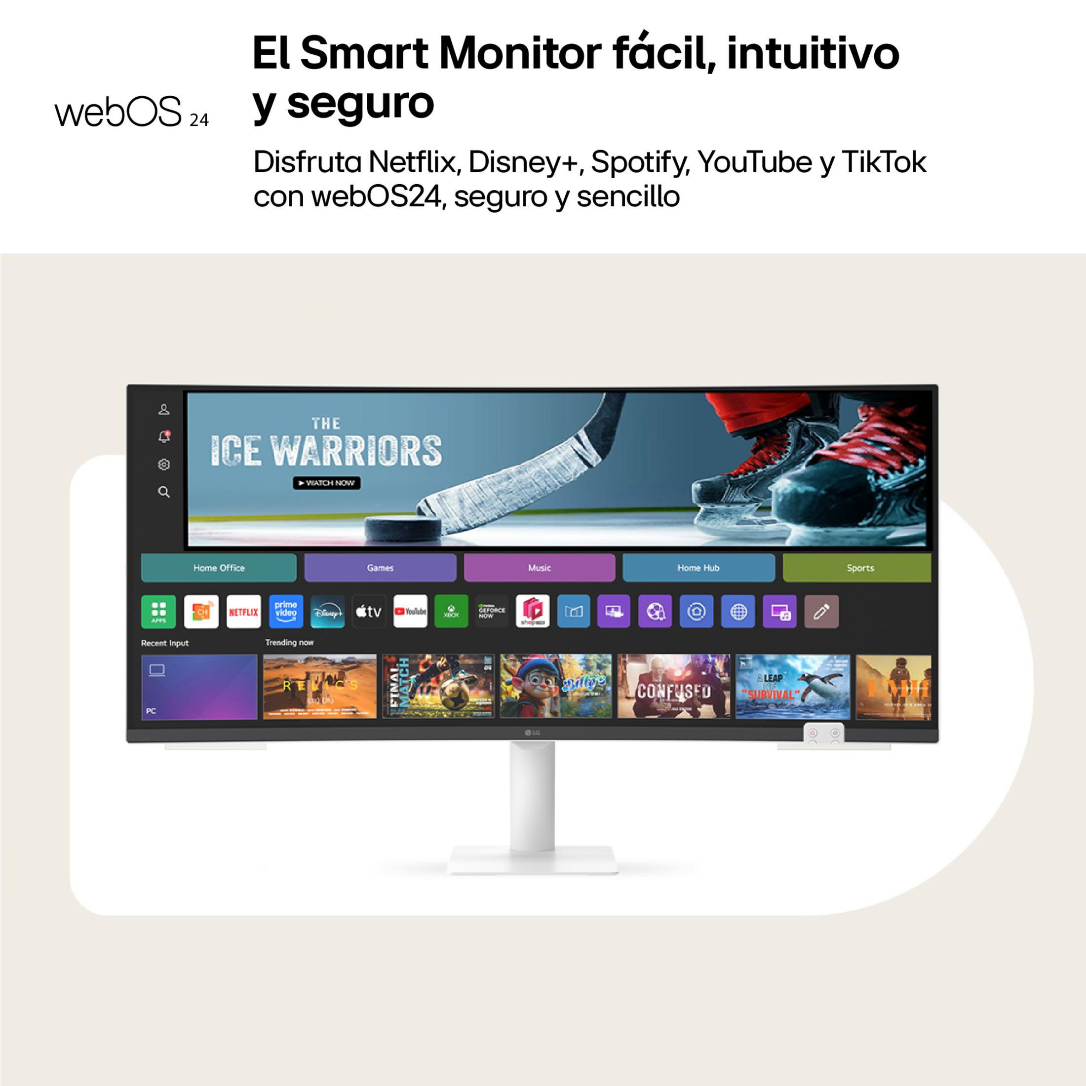 Un monitor smart con webOS 24 mostra app di hockey e film.