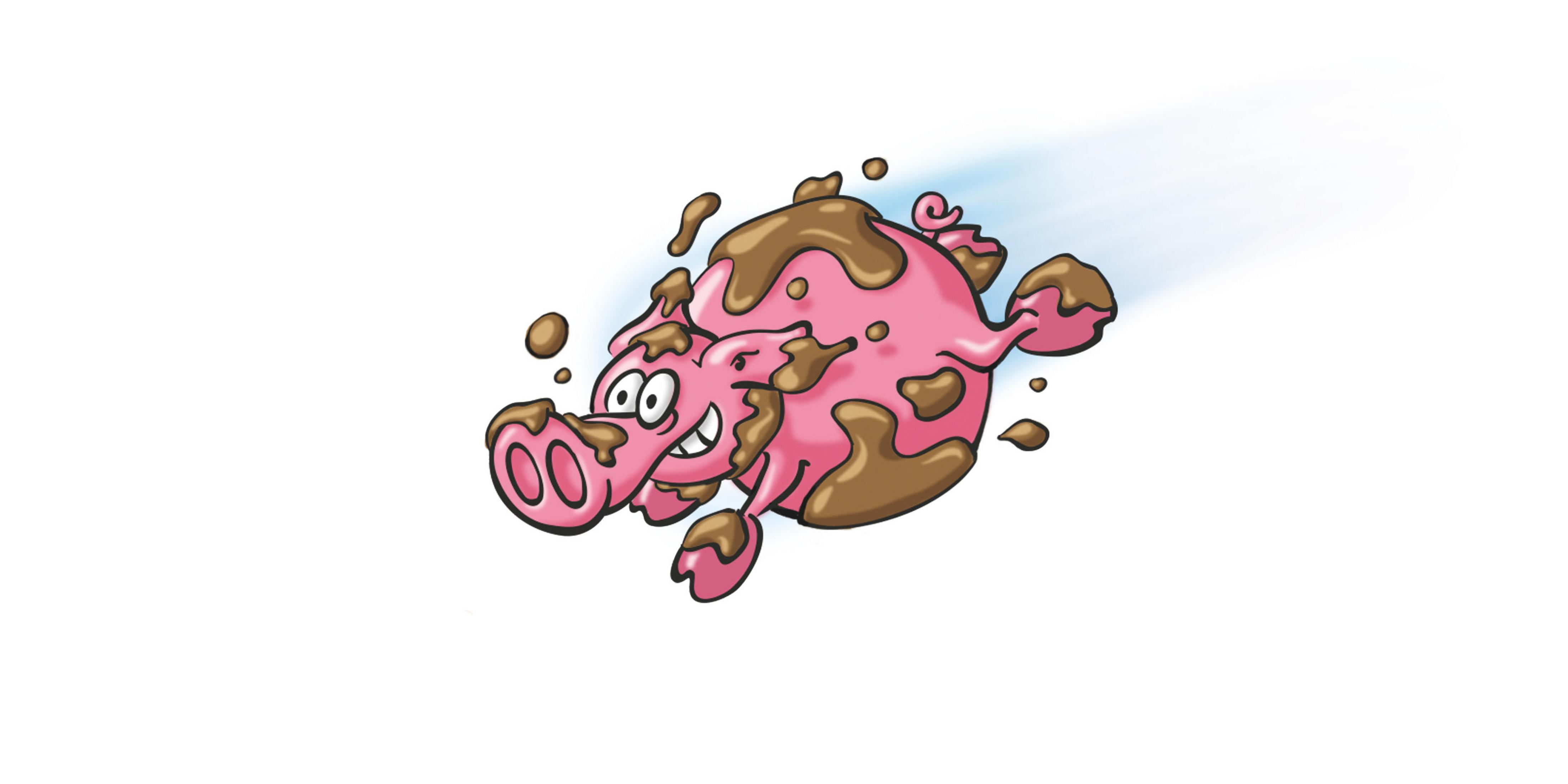 Ein rosa Schwein mit braunem Schlamm bedeckt fliegt durch die Luft.