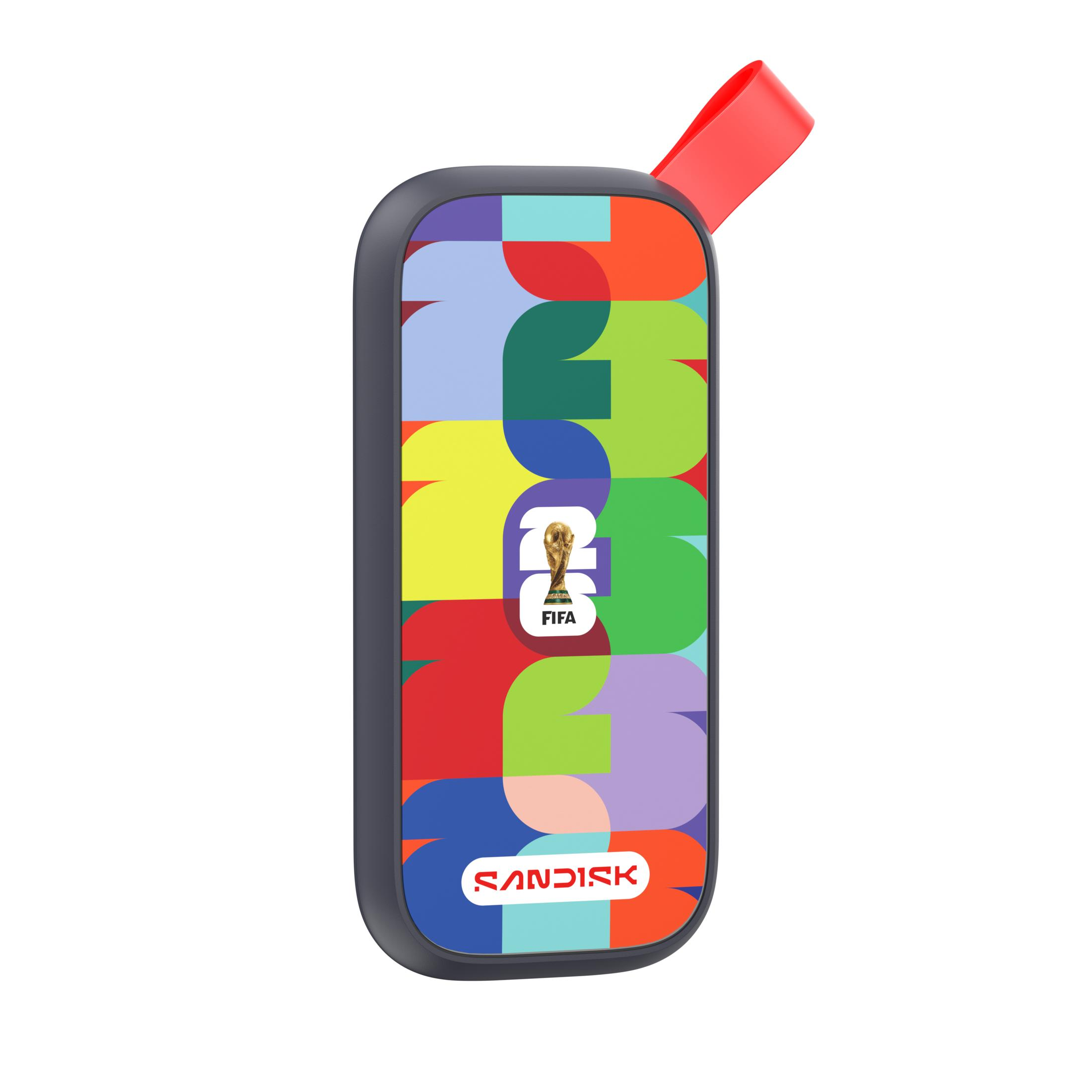 Ein grauer USB-Stick mit bunter FIFA-Grafik und roter Schlaufe.