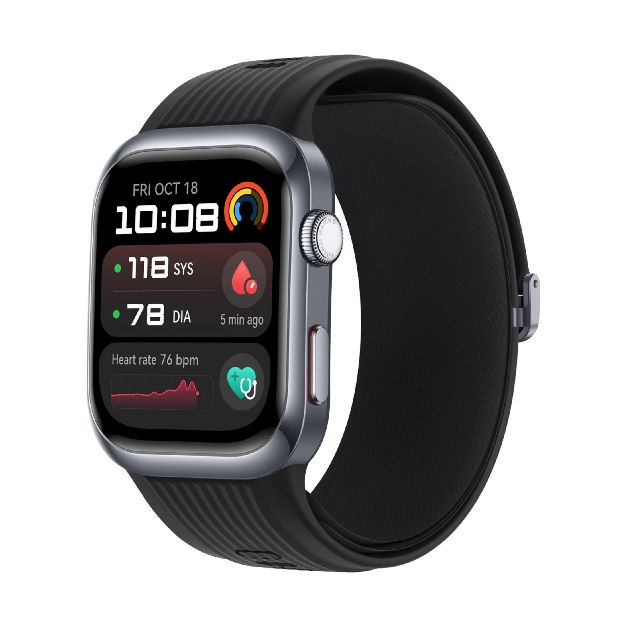 Een zwarte smartwatch met zilveren kast die gezondheidsgegevens toont.