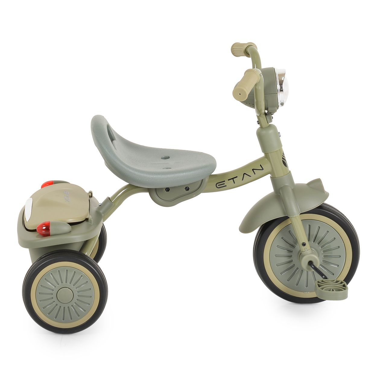 Ein hellgrünes Dreirad mit grauem Sitz und Beige-Akzenten. Auf dem Rahmen steht ETAN.