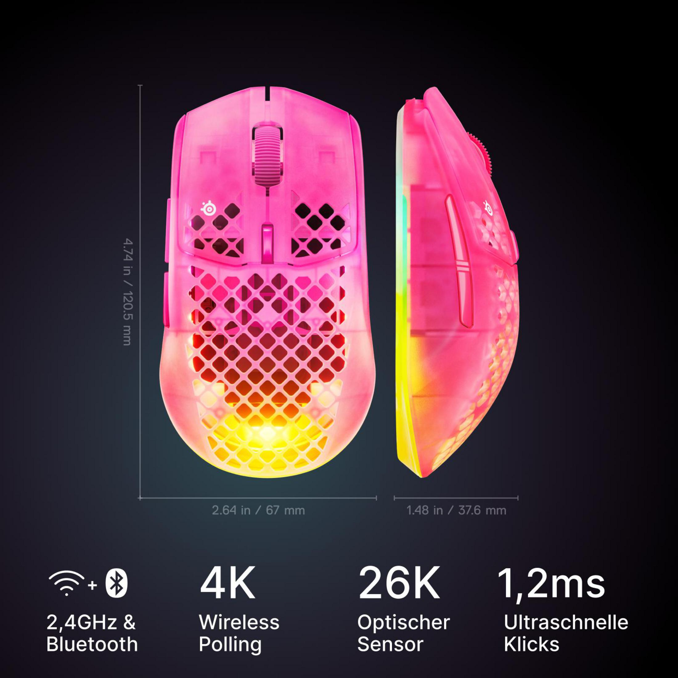 Eine pinke Gaming-Maus mit Wabenmuster und Beleuchtung. Maße und Features werden angezeigt.