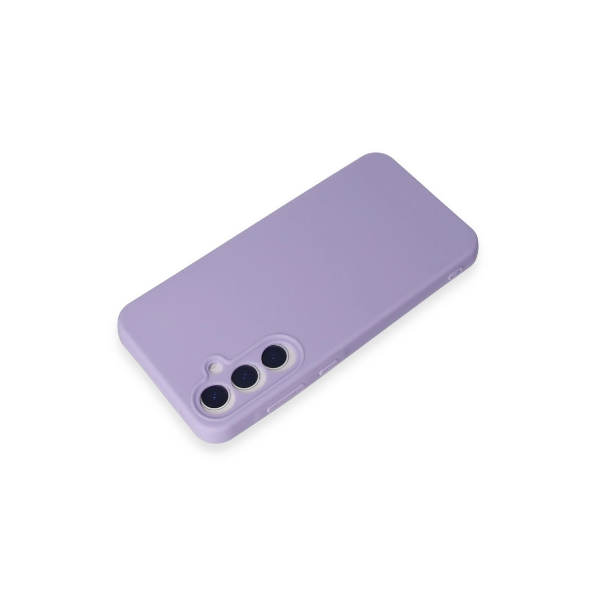 Üç kamera lensli ve yan düğmeli lavanta rengi telefon kılıfı.