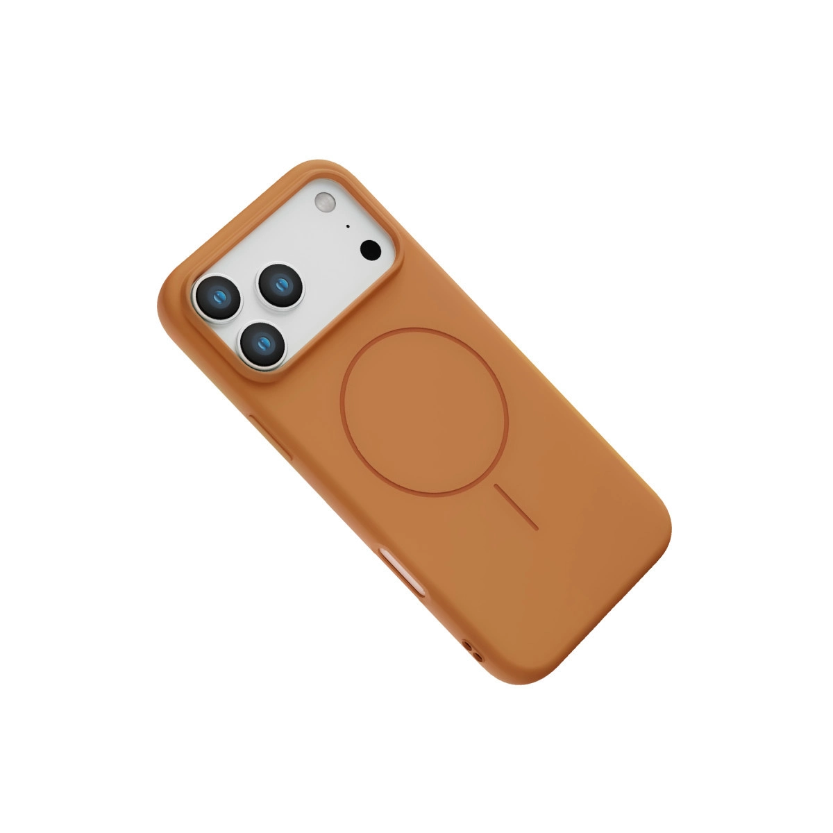 Kamera kesimi ve dairesel manyetik şarj alanına sahip kahverengi iPhone kılıfı.