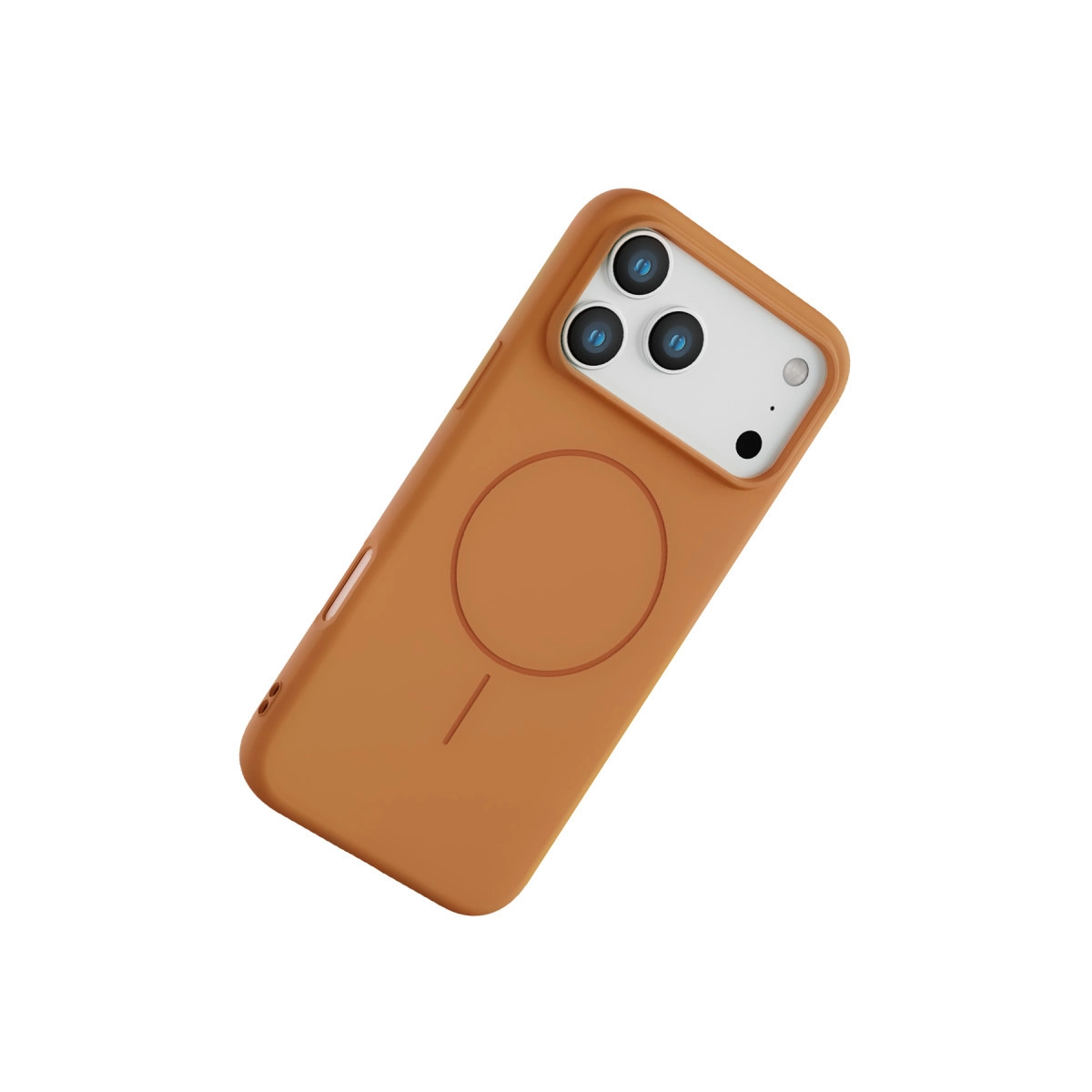 Üç kamera lensli ve manyetik halkalı turuncu telefon kılıfı.