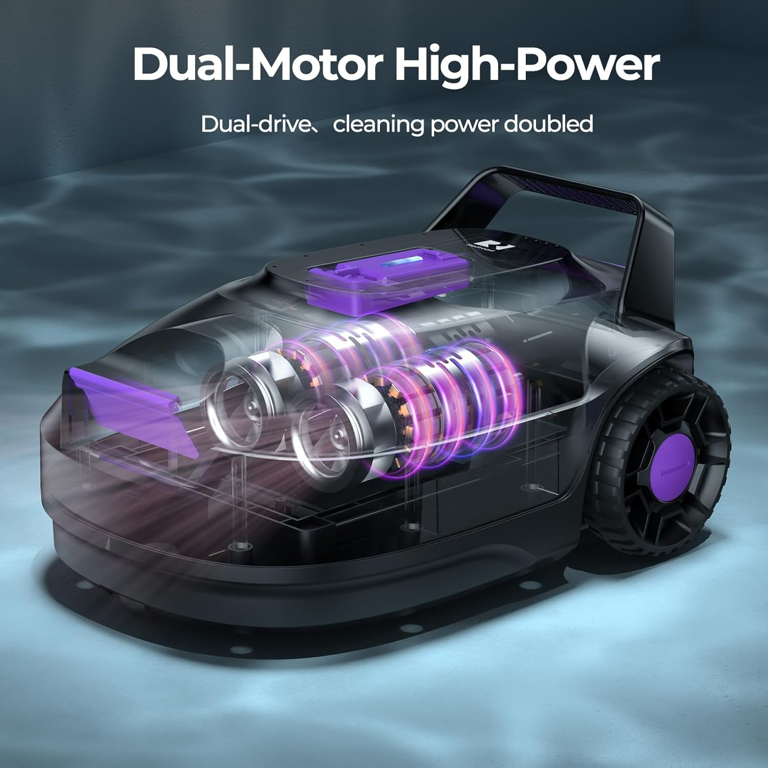 Transparante robot met dubbele motoren en paarse accenten op water.