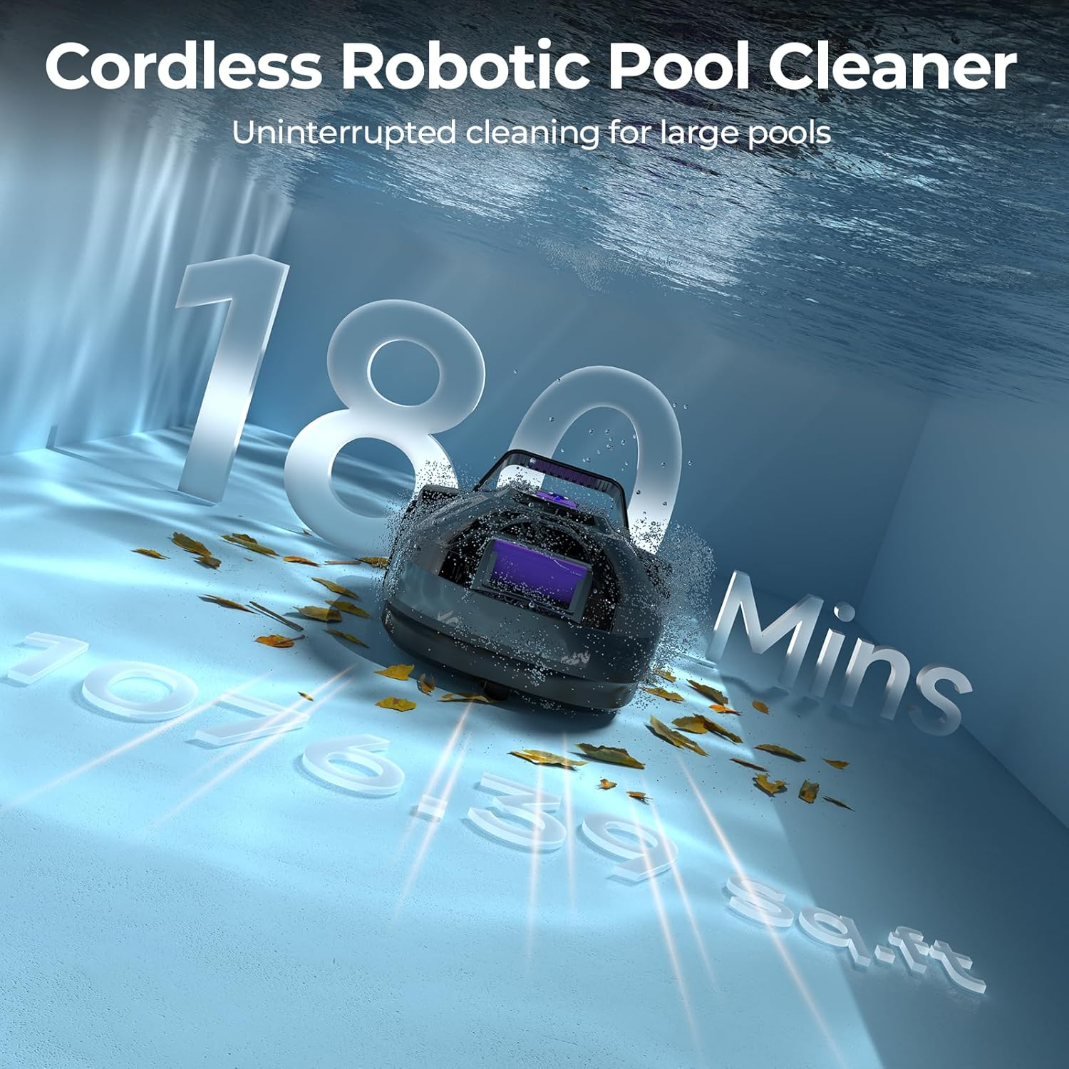 Robotische zwembadreiniger onder water met 180 min tekst. Bladeren op bodem.