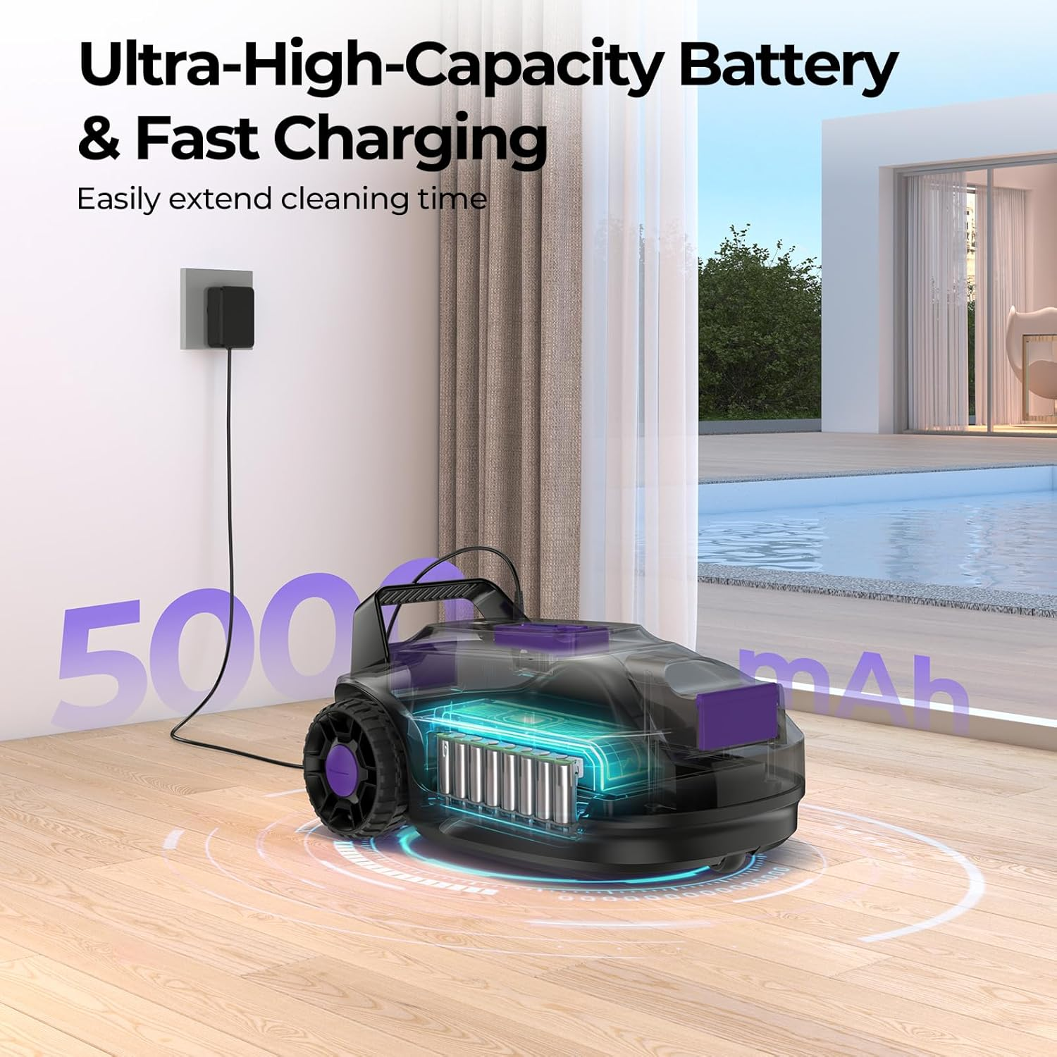 Een robotstofzuiger met transparante behuizing laadt op met 5000 mAh.