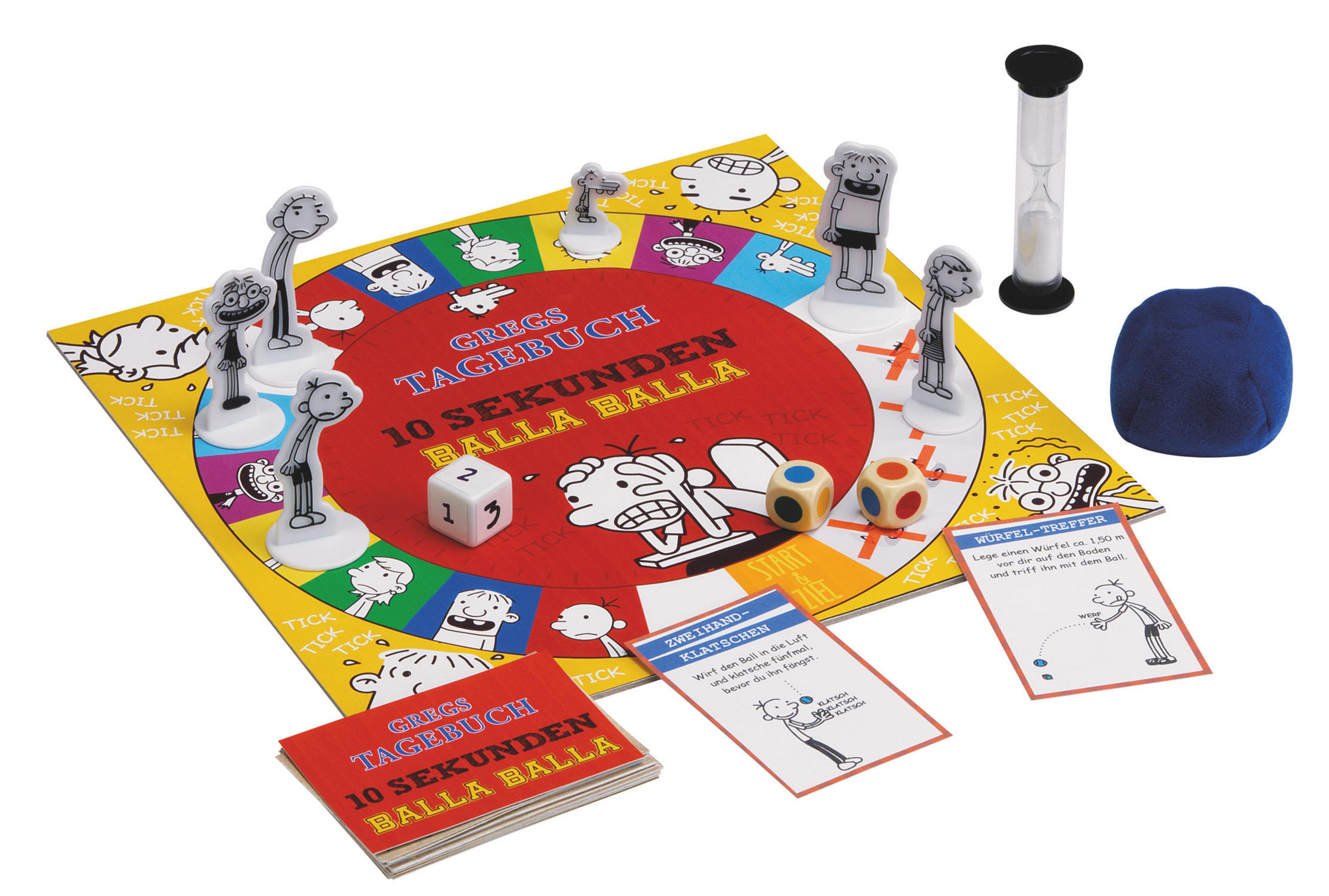 Gregs Tagebuch Brettspiel mit Figuren, Würfeln, Sanduhr und blauem Ball.