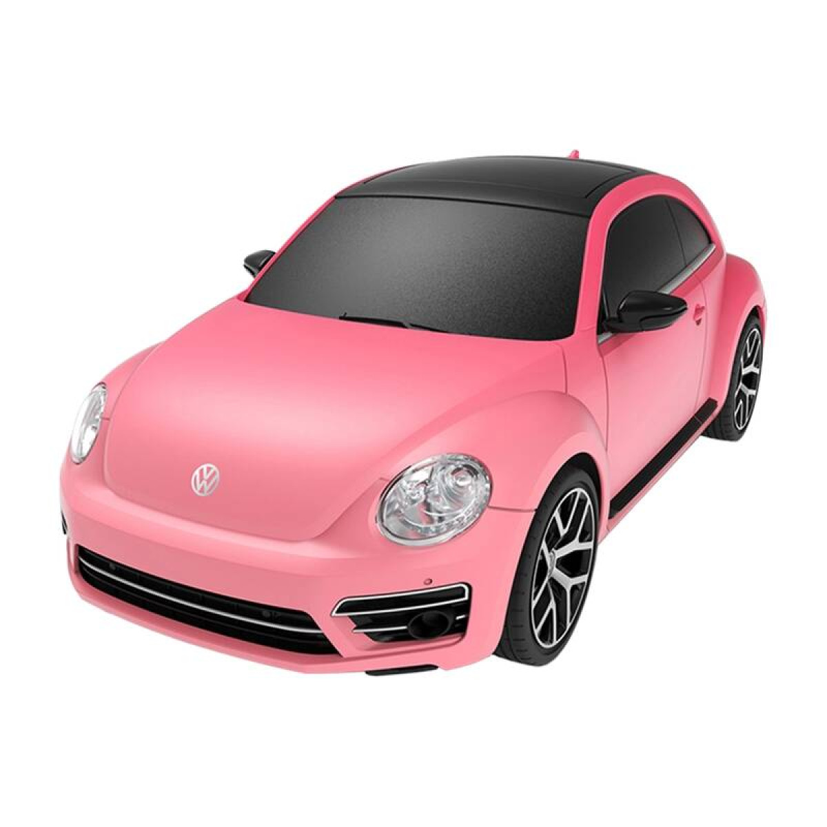 Różowy Volkswagen Beetle z czarnym dachem i felgami.