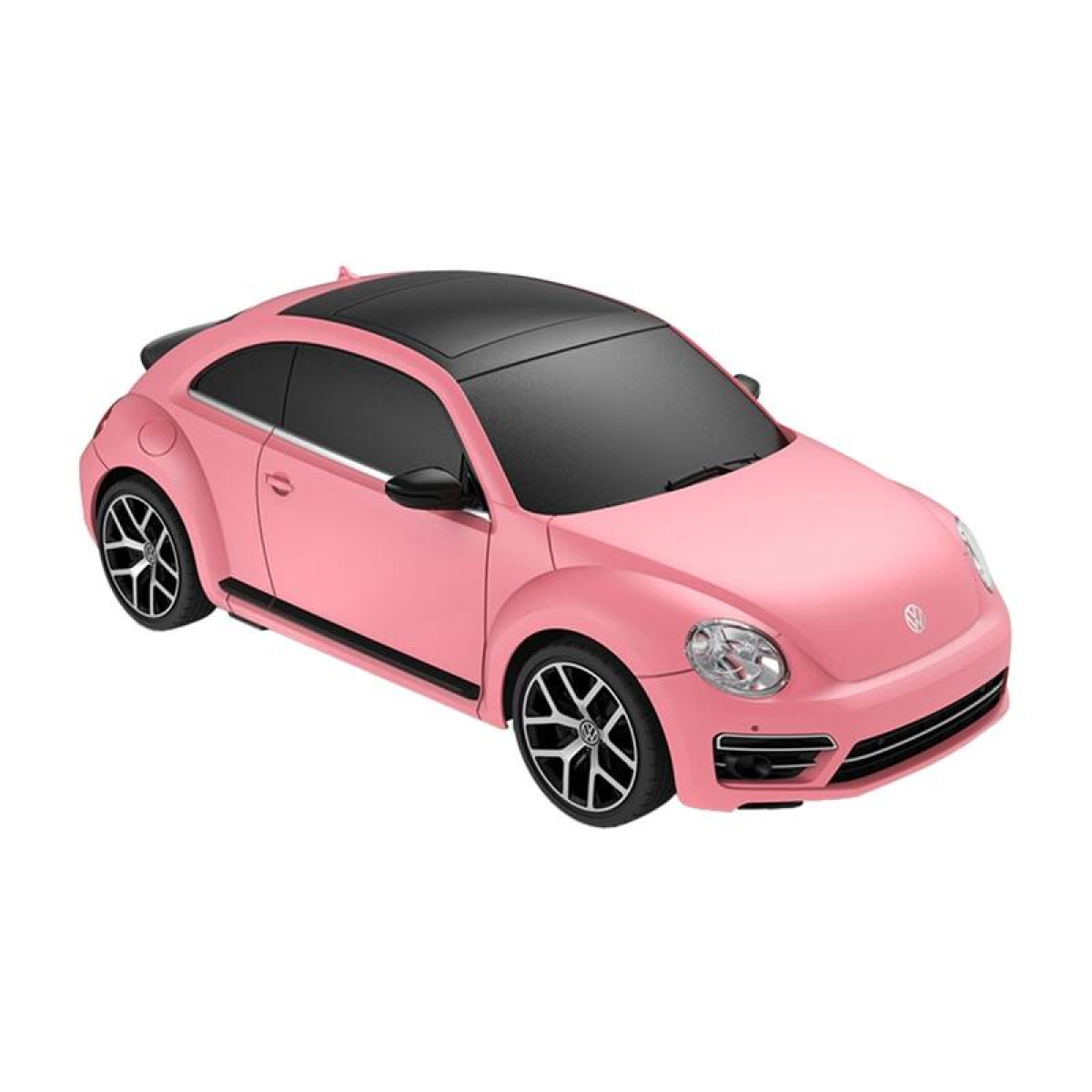 Różowy Volkswagen Beetle z czarnym dachem i felgami na białym tle.