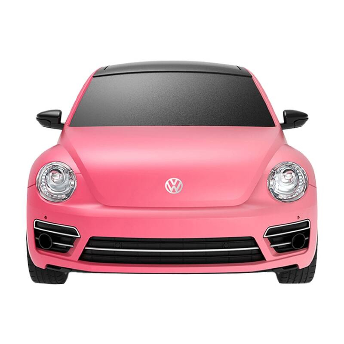 Różowy Volkswagen Garbus z czarnym dachem, widok z przodu.