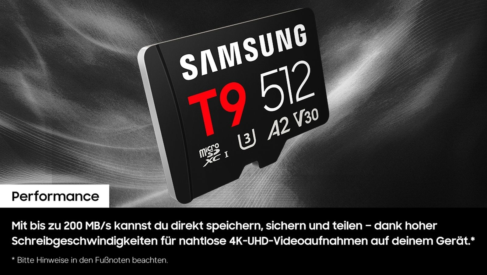 SAMSUNG T9 512 Micro SDXC I kaart met A2 V30 op zwarte achtergrond.