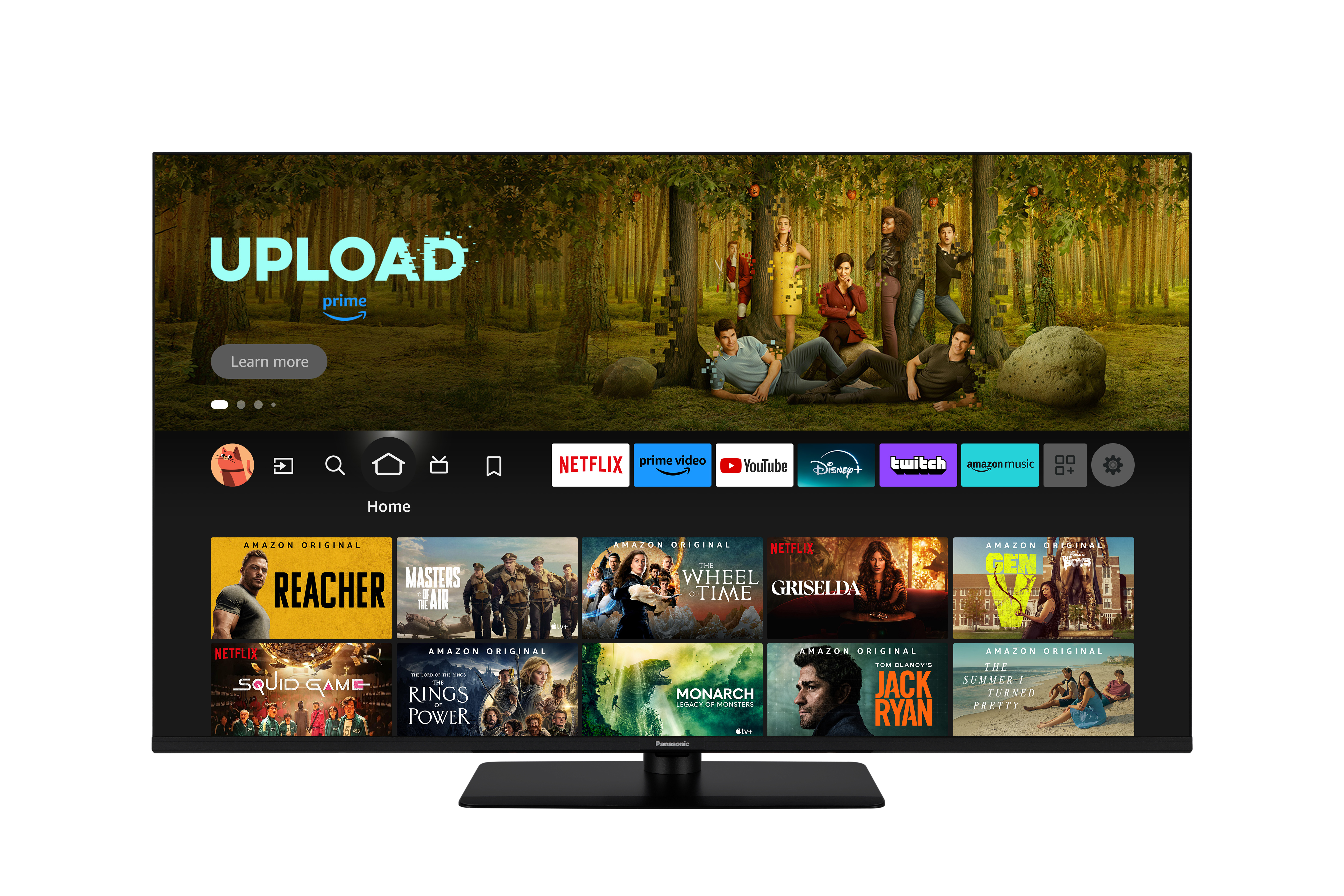 Ein Fernseher mit einer Streaming-Oberfläche und Filmplakaten. Wald im Hintergrund.