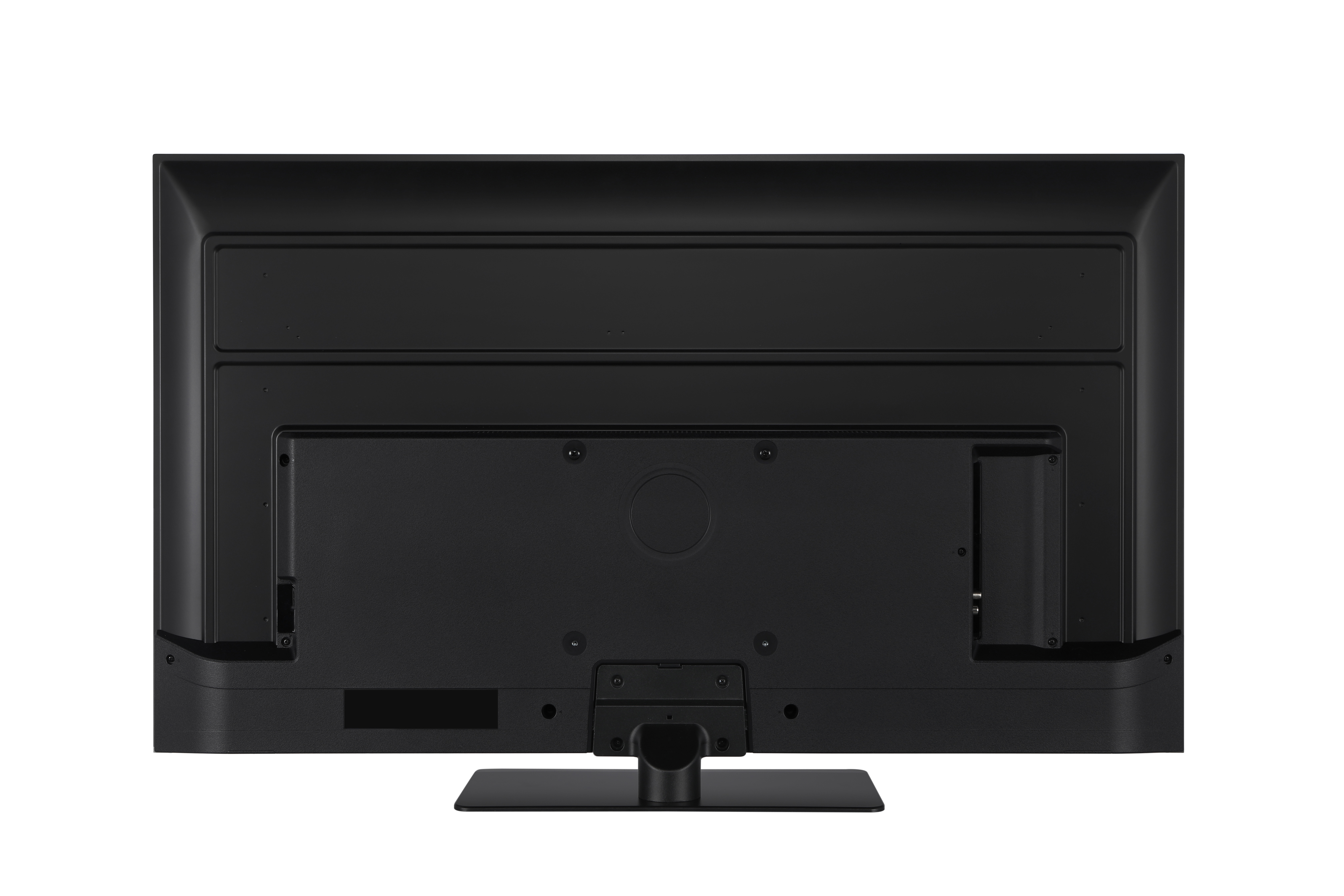 Rückseite eines schwarzen Fernsehers mit Standfuß, mit Anschlüssen.