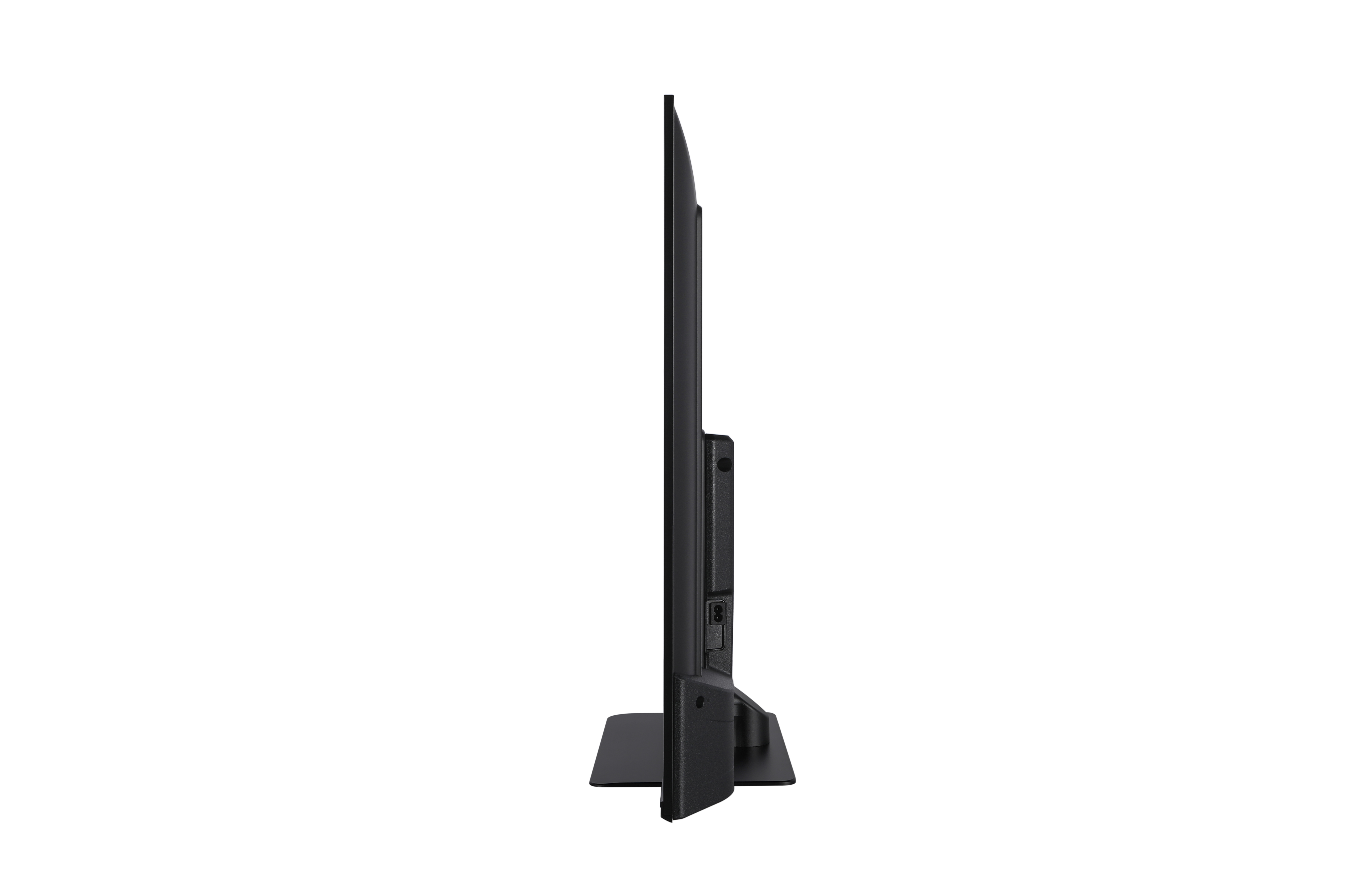 Seitliche Ansicht eines schwarzen Fernsehers mit Standfuß und Anschlüssen.