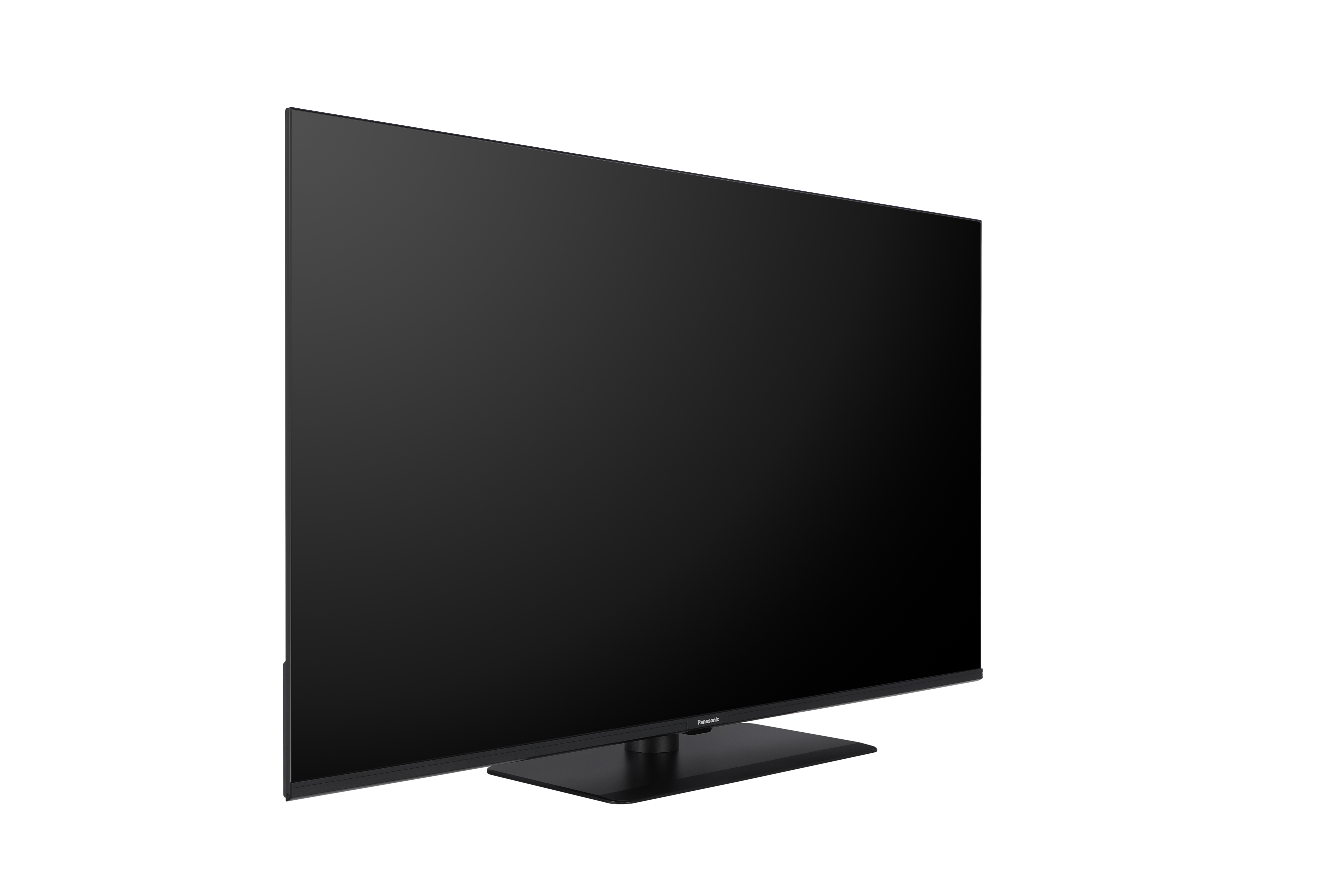 Ein schwarzer Fernseher mit einem flachen Bildschirm und einem schmalen Ständer.