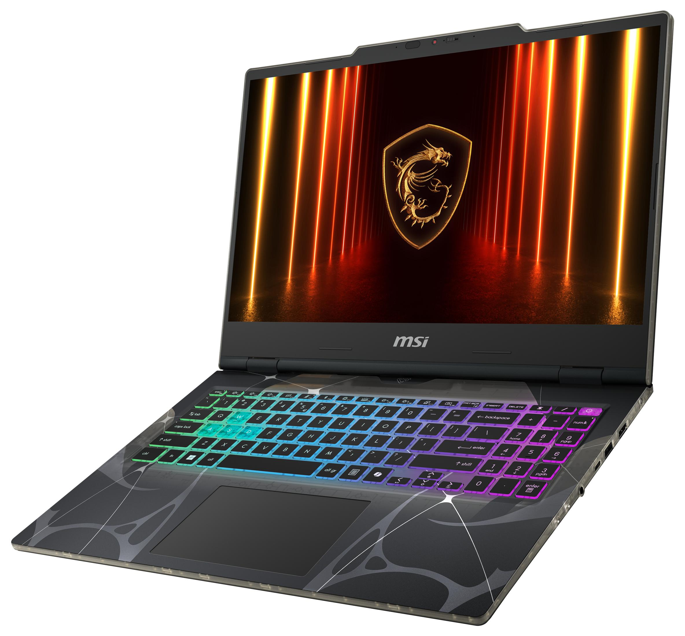Ein MSI-Gaming-Laptop mit beleuchteter Tastatur und einem Drachenlogo auf dem Bildschirm.
