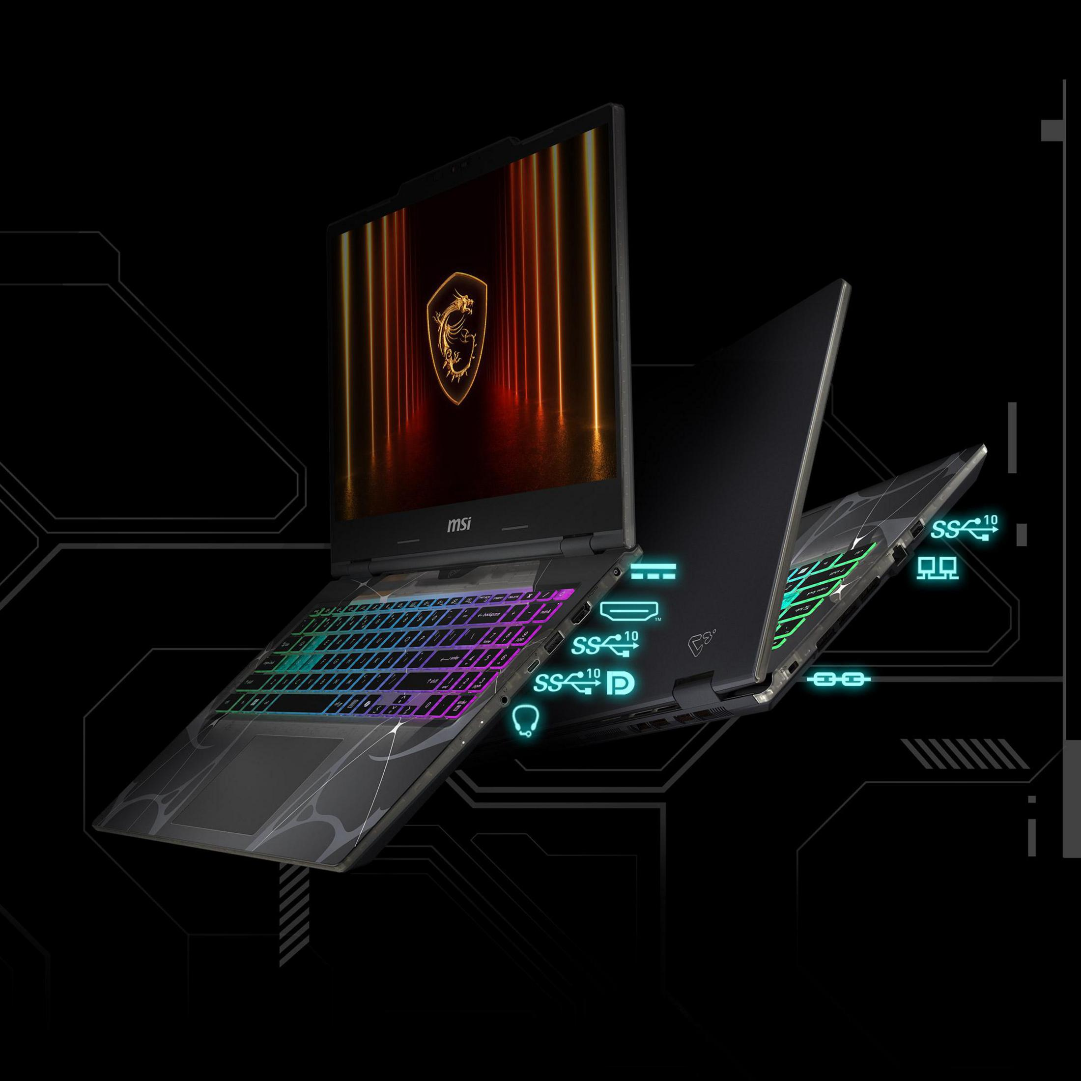 MSI Laptop mit bunter Tastatur und Drachenlogo auf dem Bildschirm, Anschlüsse blau hervorgehoben.