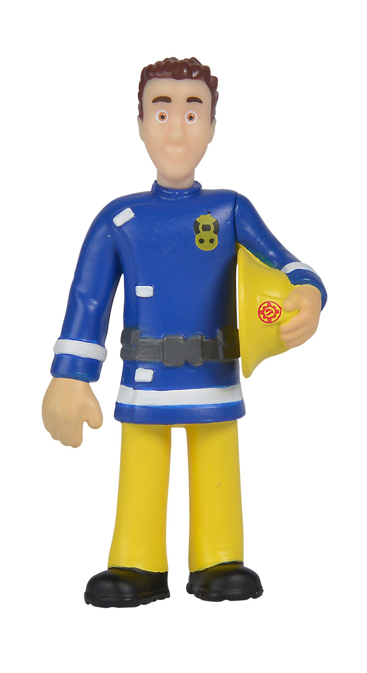 Eine Feuerwehrmann-Figur in blauer Uniform mit gelben Hosen und Helm.