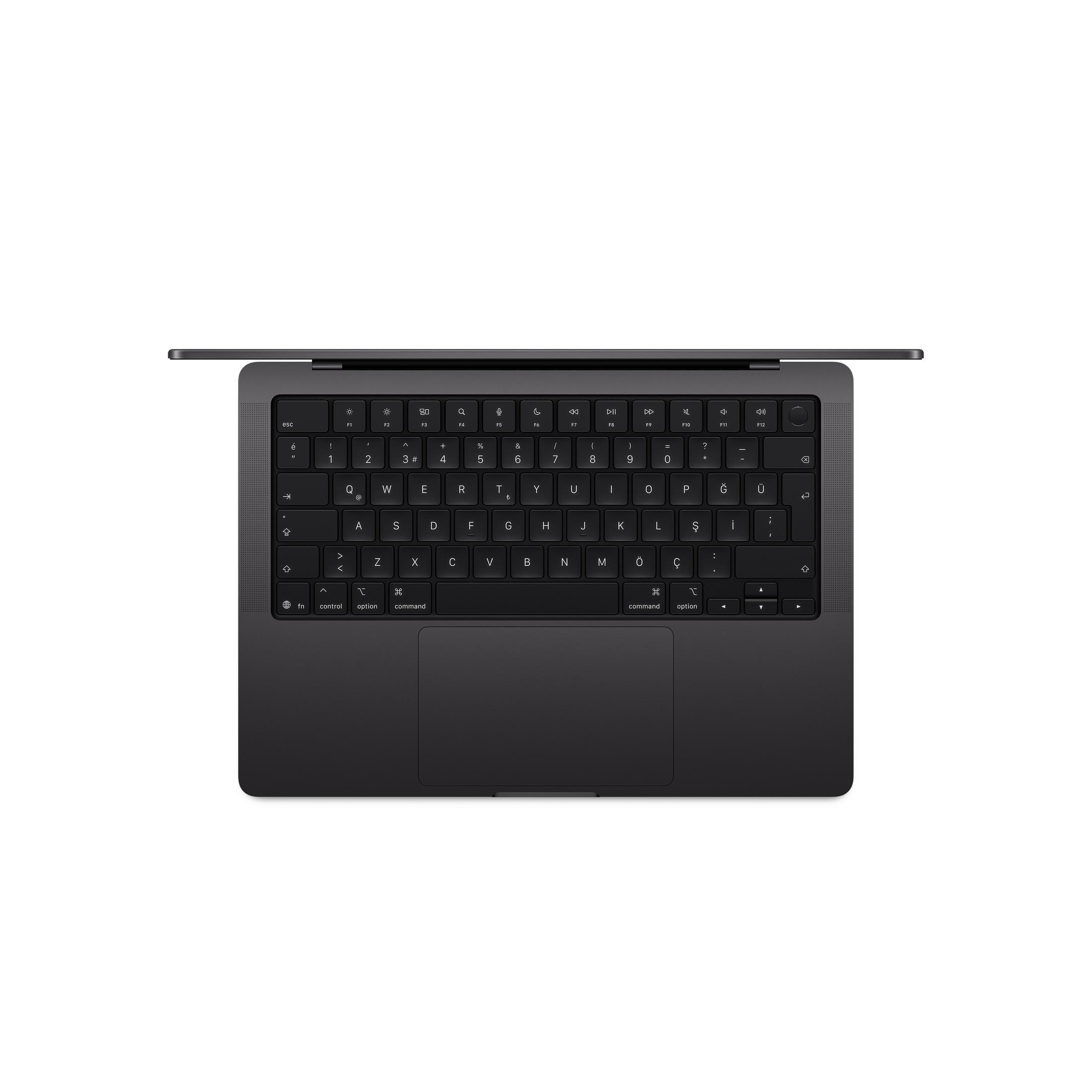 Koyu gri MacBook, aydınlatmalı klavye ve trackpad ile.