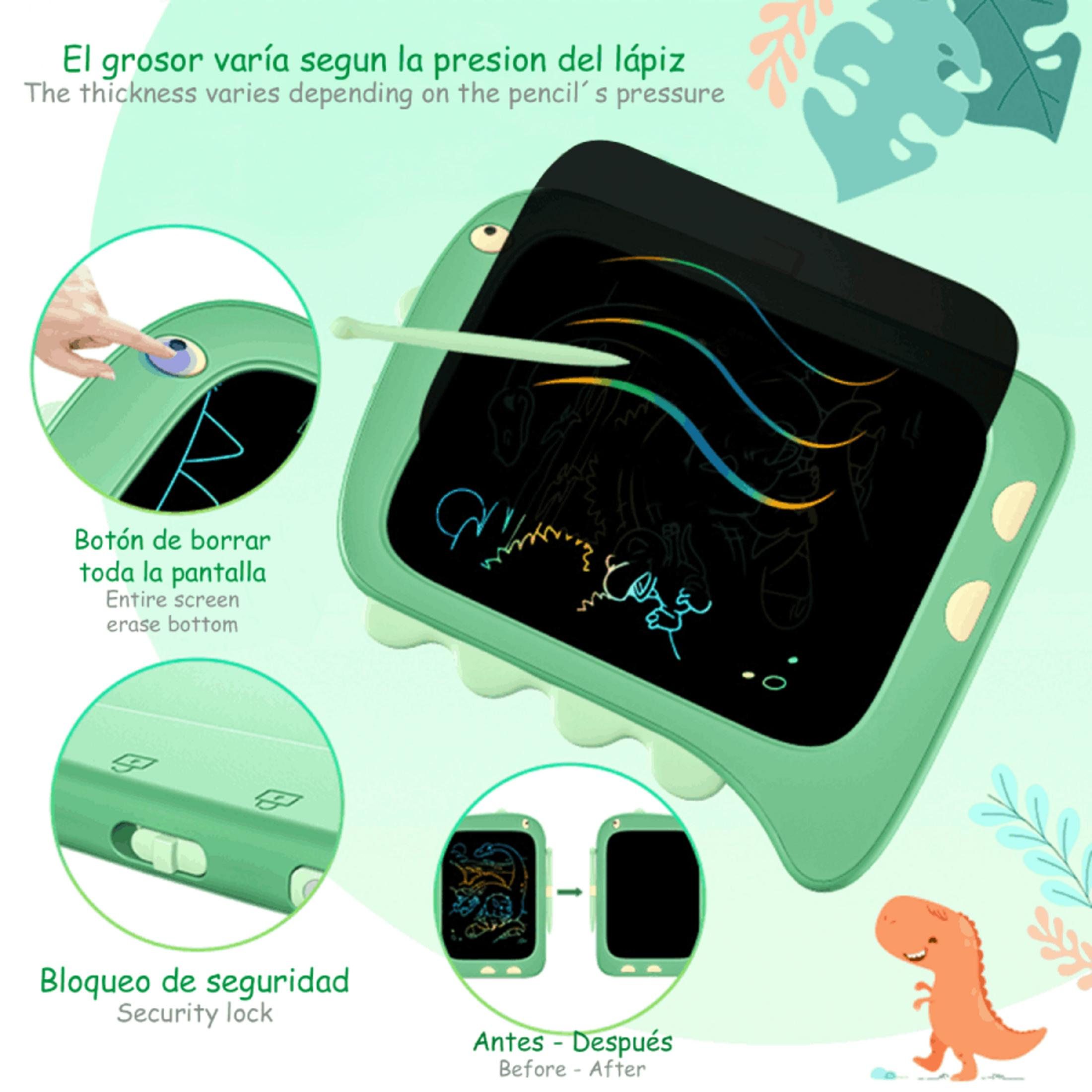 Tavoletta da disegno verde a tema dinosauro con stilo, pulsante cancella e blocco.