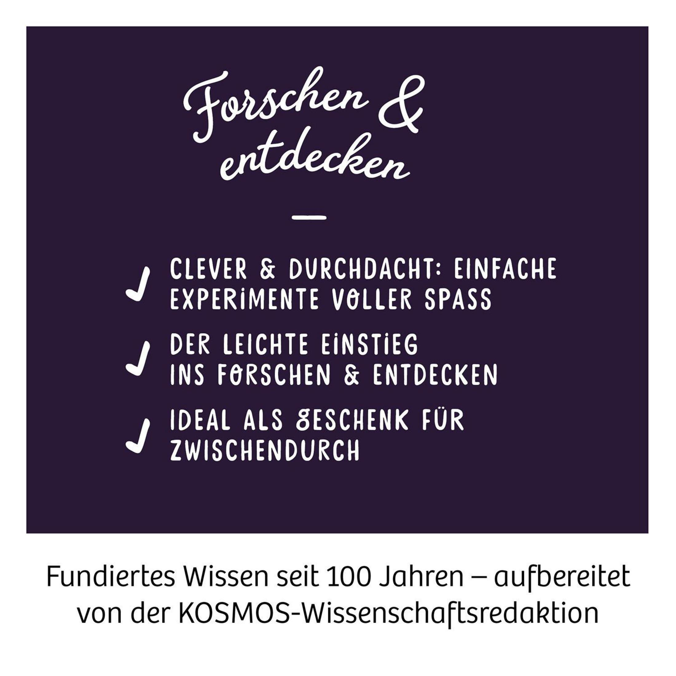 Lila Hintergrund mit weißer Schrift: Forschen & entdecken, CLEVER & DURCHDACHT: EINFACHE EXPERIMENTE VOLLER SPASS, DER LEICHTE EINSTIEG INS FORSCHEN & ENTDECKEN, IDEAL ALS GESCHENK FÜR ZWISCHENDURCH.