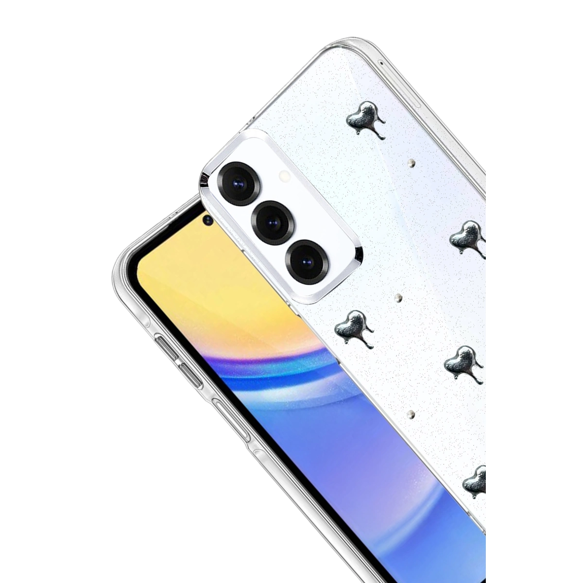 Akıllı telefonda parıltılı ve kalp tasarımlı şeffaf telefon kılıfı.