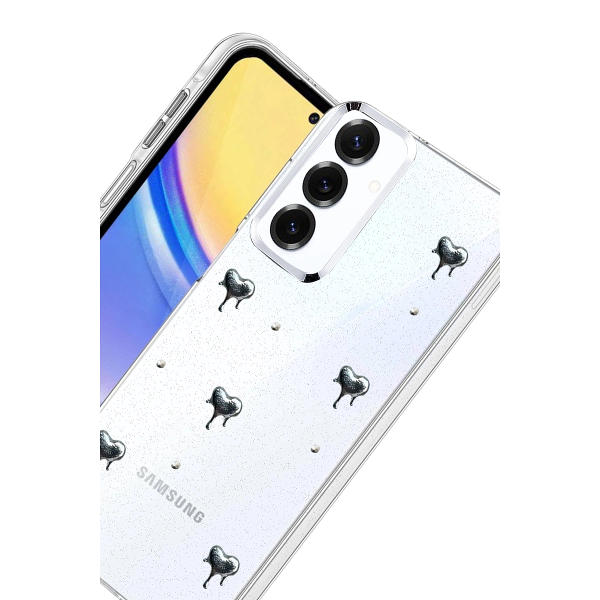 Gümüş kalp detaylı ve simli şeffaf telefon kılıfı Samsung telefonu kaplar.