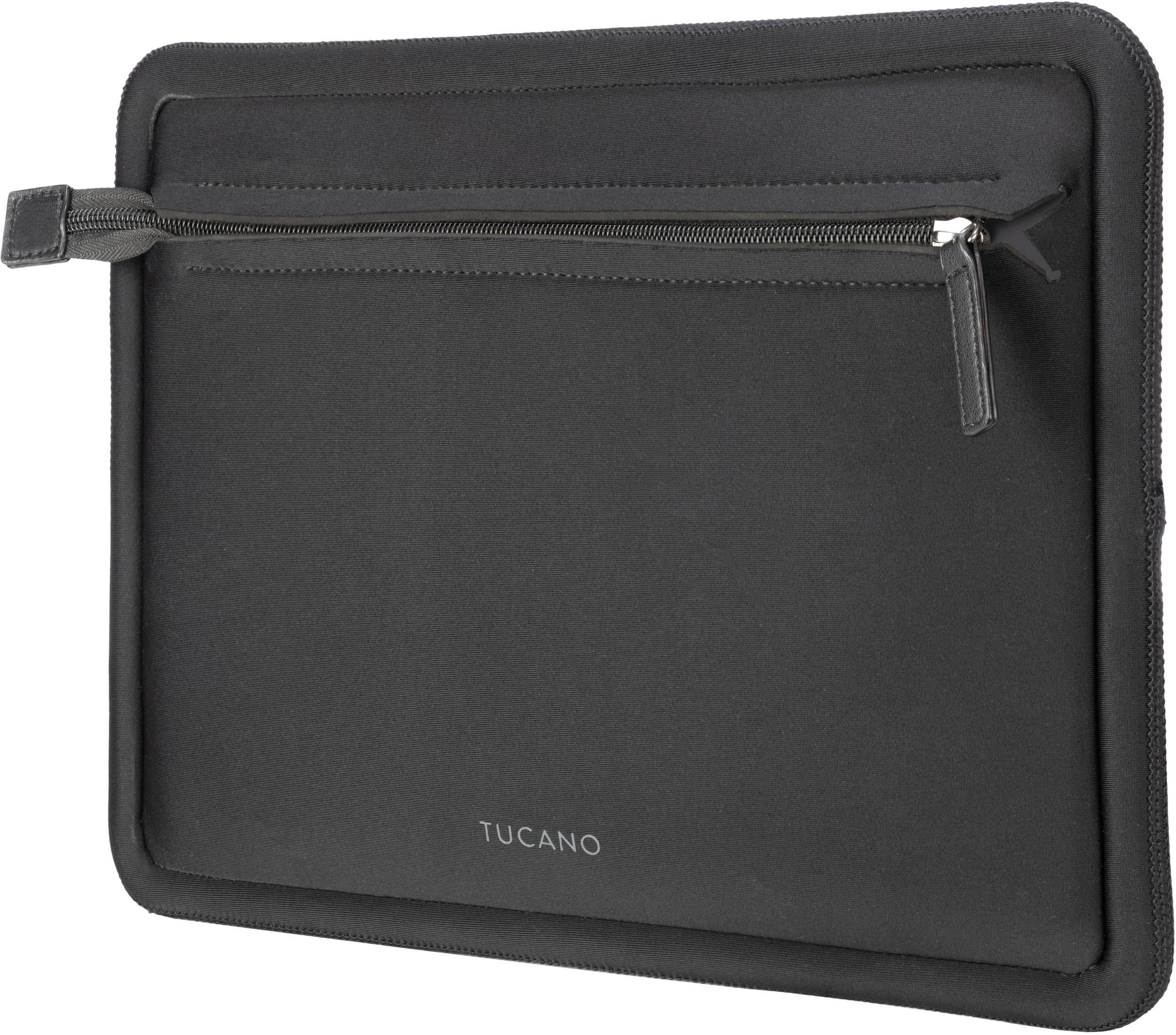 Custodia nera per laptop con cerniera e logo Tucano.