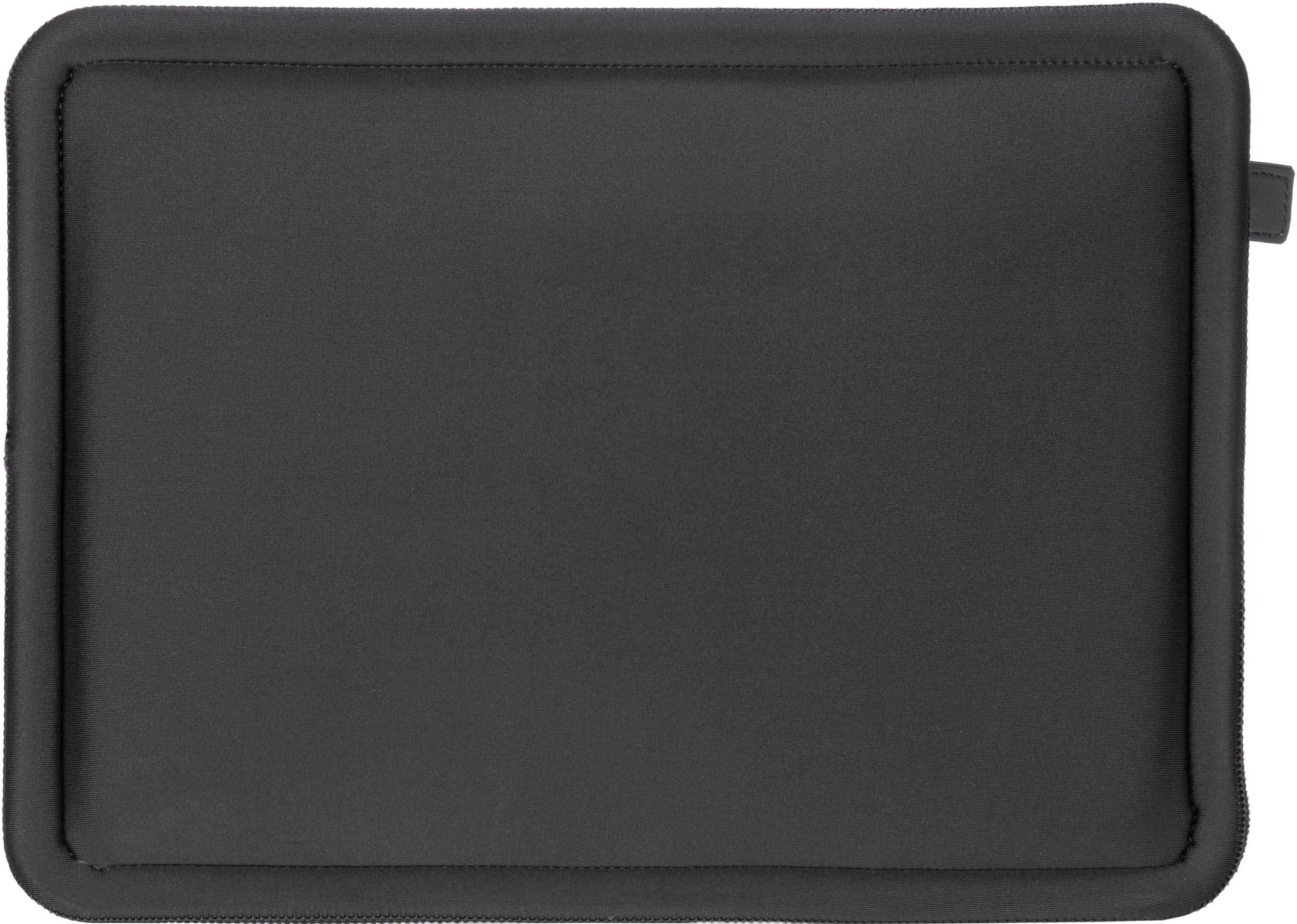 Custodia per laptop grigio scuro con cuciture rinforzate e un piccolo anello in tessuto.