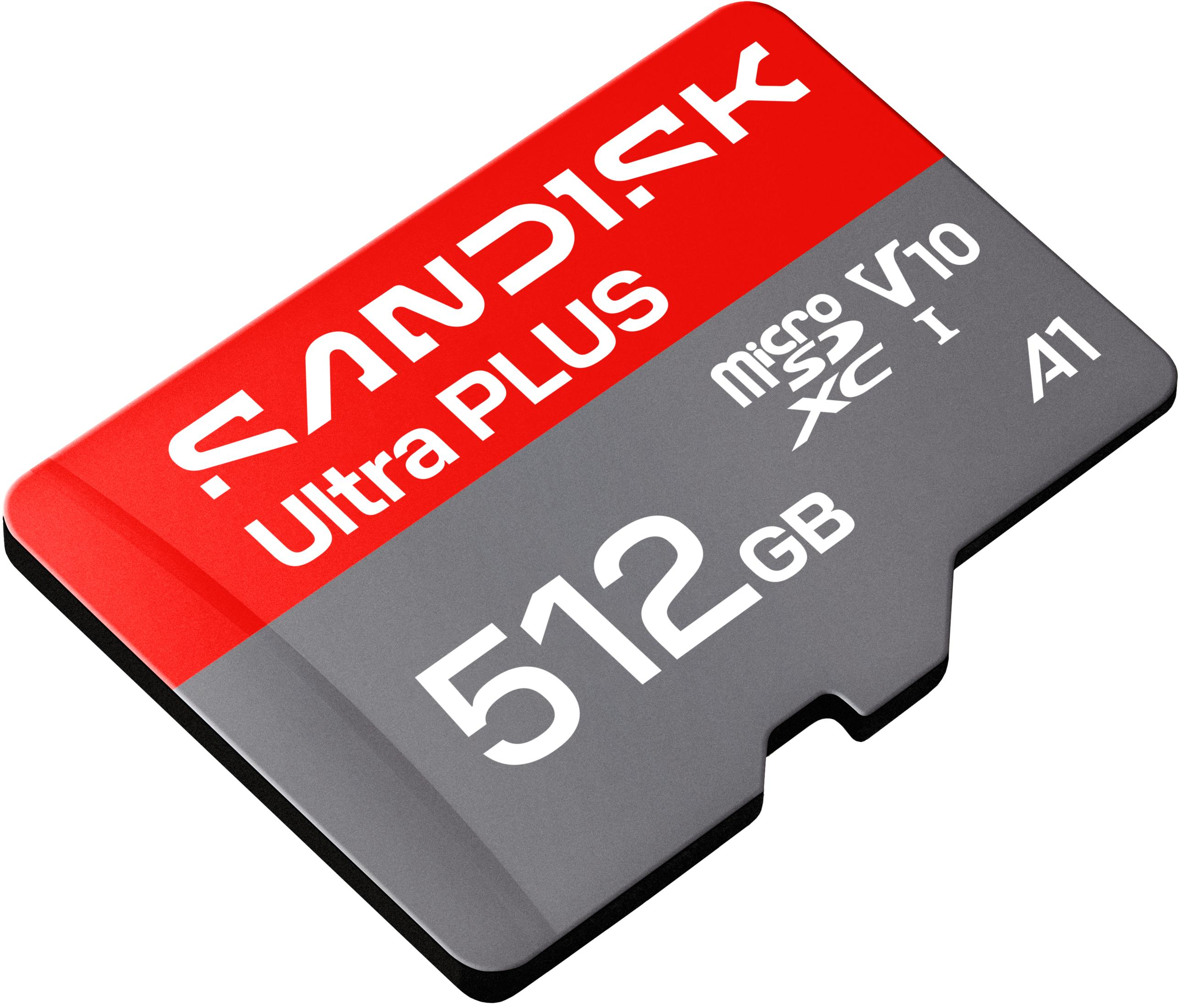 Scheda di memoria MicroSDXC UHS-I da 512 GB rossa e grigia con marchio Sandisk Ultra Plus.